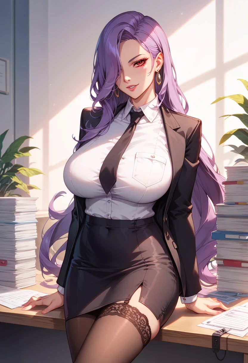 ((masterpiece, best quality, ultra-detailed)), 1girl, beautiful business woman in office building, smiling, blush, wearing pink blouse, blazer, bracelet, necklace, black midi pencil skirt, black suit skirt, heels, full body, wavy purple hair, hand on hip, office building, office desk, wall, window