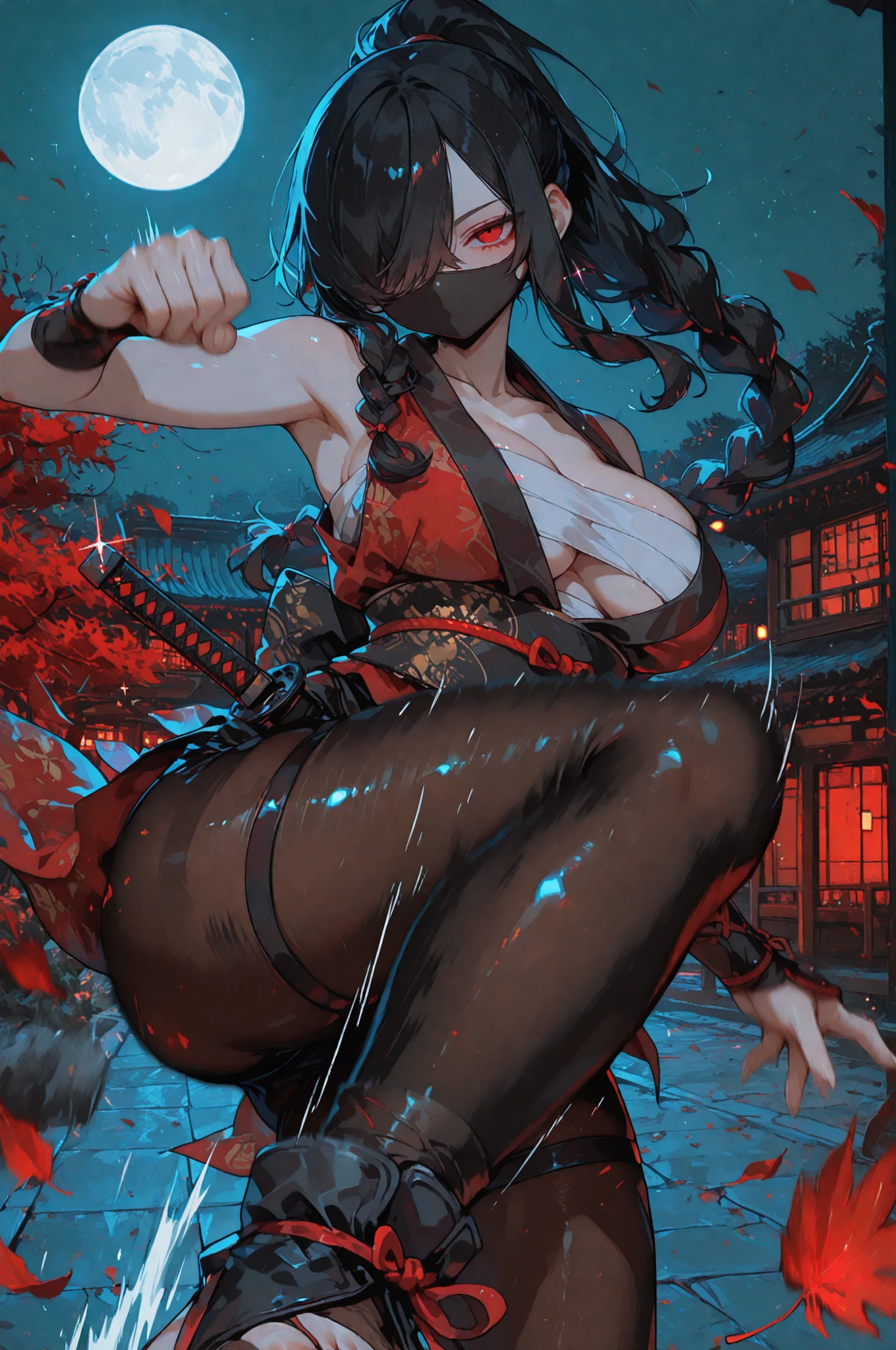 ((powder light:1.8)), ((Enchanting Ninja Woman:1.6))、(Long black hair、Purple eyes)、((tight black and red ninja costume、Ninja Tool Pouch、Hourglass Shape))、Confident expression、((Hair tying gestures:1.3、arch your back and look back))、Moonlit night view of Konohagakure Village、Realistic anime style, (Luminous tattoo:1.8),