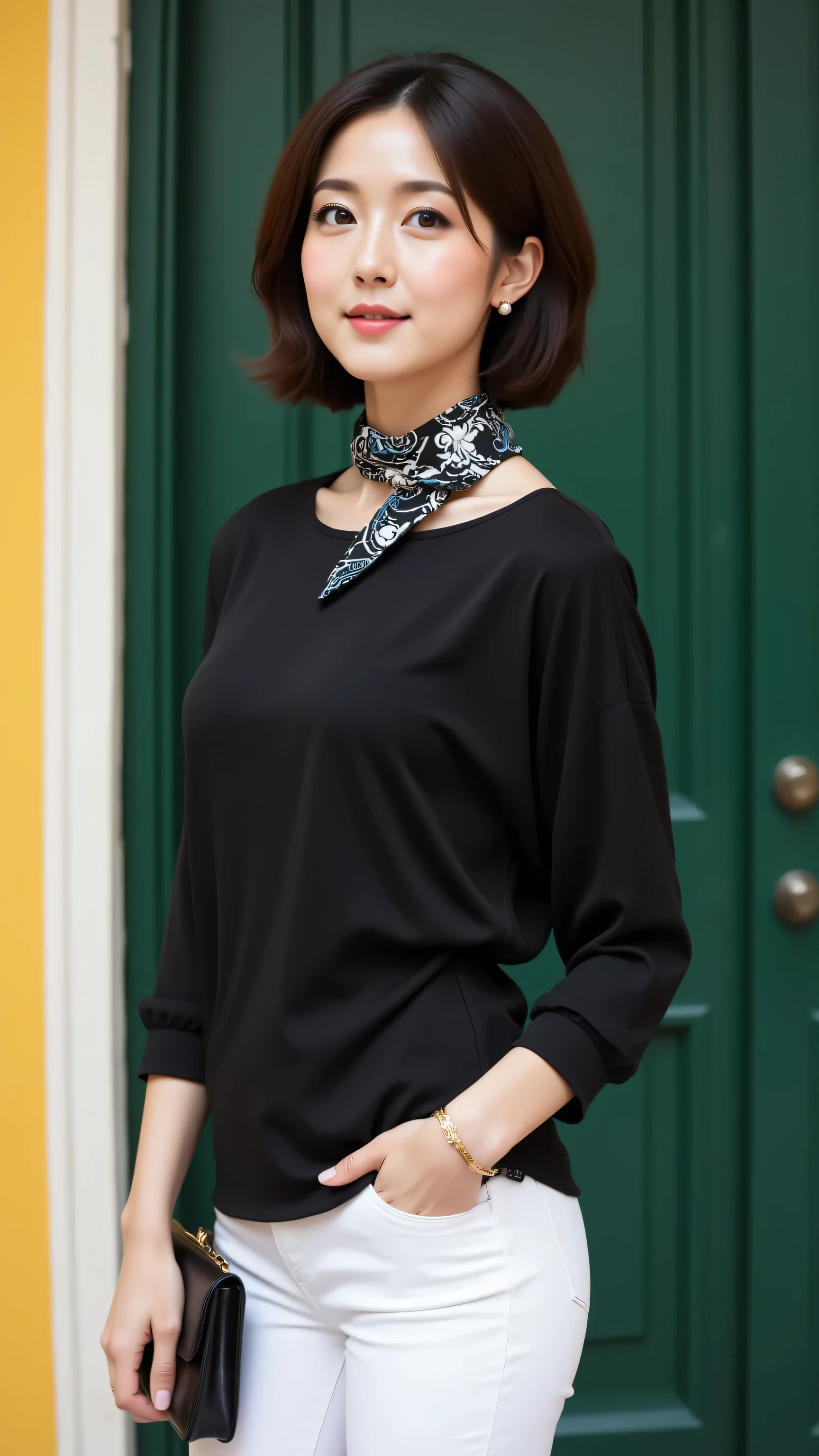 8k, Masterpiece, Top Quality, medium shot, angled view, beautiful Korean woman, short dark brown textured bob, fair skin, dark brown eyes, natural makeup, subtle lip color, deep black boat neck top, dolman sleeves, bright white fitted pants, patterned neck scarf (black, white, blue), pearl stud earrings, gold bracelet, carrying small dark handbag, standing in front of green door with white trim, yellow wall, bright natural daylight, soft shadows, looking to the side.
