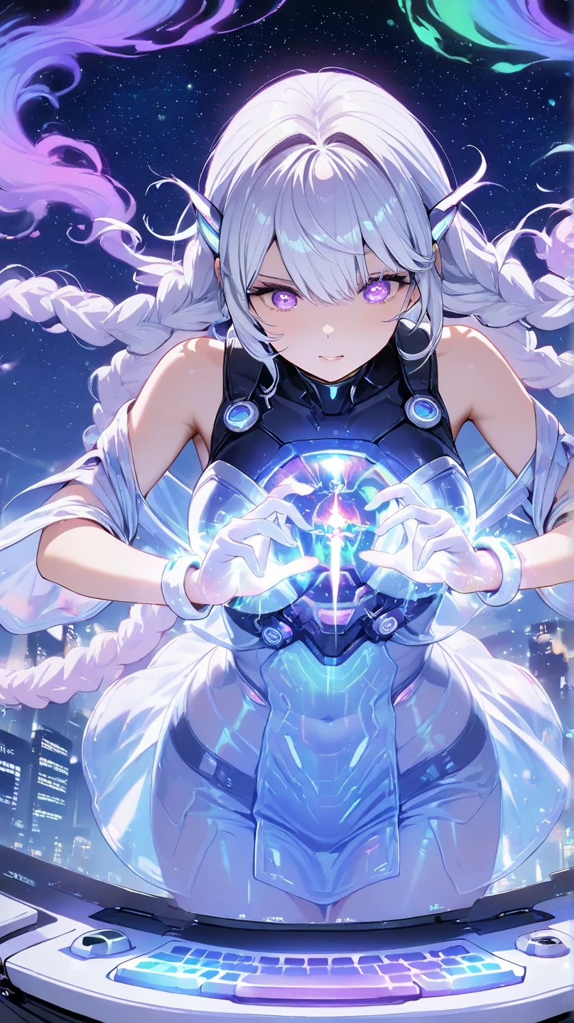 best quality, 32k, RAW photo, cute magical girl who can control darkness, control light, control water, control fire, control earth, and control wind, incredibly absurdres, extremely detailed, delicate texture, delicate, flashy and dynamic depiction, BREAK , kaleidoscope, huge magic circle, pale full moon, static electricity, electric discharge, geometric pattern, irregularity, mysterious, sign of something happening, wide space at night, night sky, colorful, digital, art, BREAK , background galaxy, rainbow colors neon line light, image processing with mysterious effects