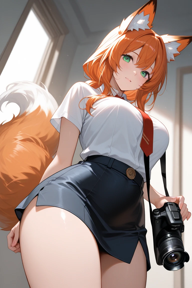 anime girl, 1 person, orange hair, glasses, Crown,maid,fox ear, Fox's tail, front view, big breasts, tights, sitting on desk,exposed chest, underwear, maid suit, shy, blushing, lifting skirt , bright sky, sitting cross-legged, high heels,exposed chest, underwear, middle-aged women, blushing, lifting skirt, showing off underwear, (full HD 4K+ image