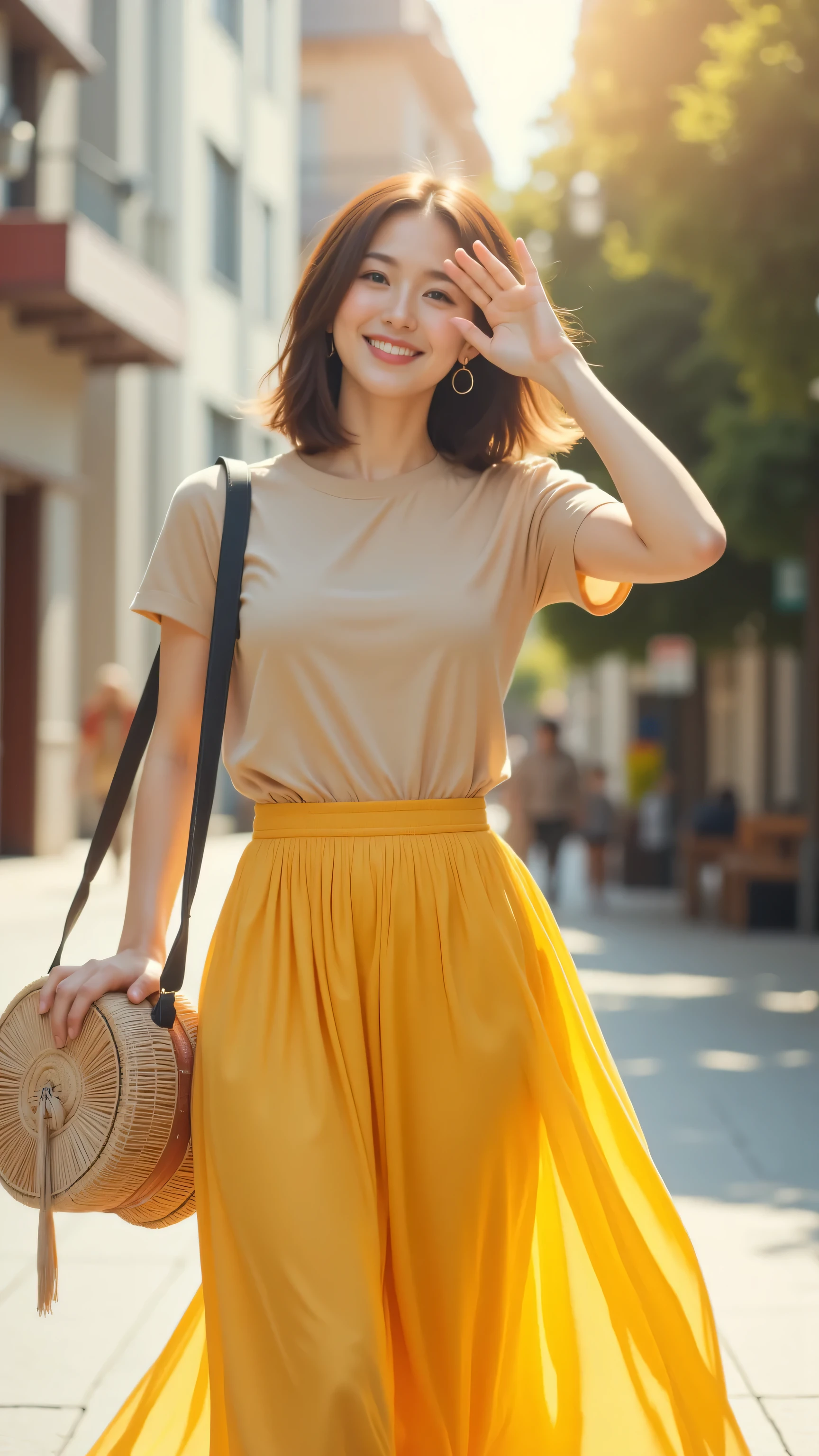 8k, Masterpiece, Top Quality, full shot, beautiful Korean woman, smiling, hand shielding eyes from sun, short brown wavy hair, vibrant yellow flowing skirt, beige T-shirt, carrying round woven handbag with scarf tied to it, crossing sunlit street, urban background with buildings and trees, bright daylight.