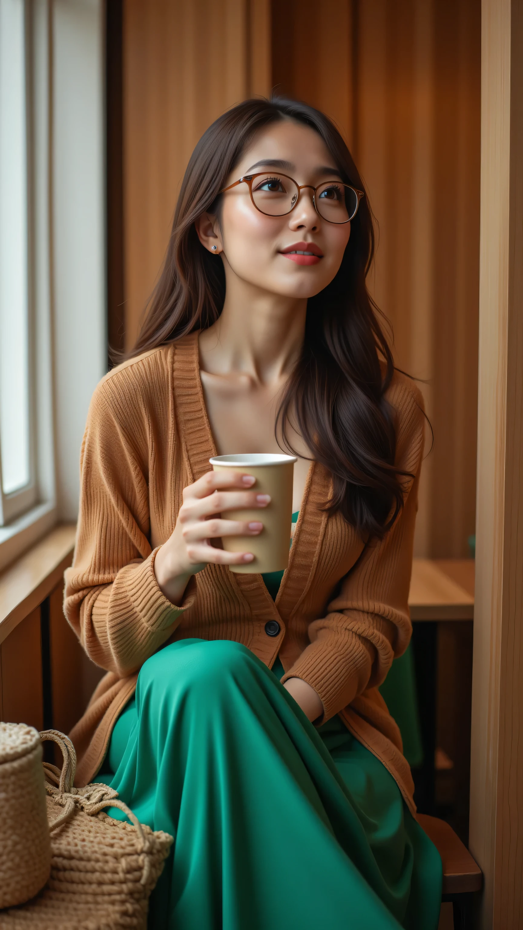 8k, Masterpiece, Top Quality, medium shot, beautiful Korean woman, sitting on stool in cafe, thoughtful upward gaze, long dark brown hair with glasses, brown cardigan, vibrant emerald green flowing skirt, holding coffee cup, woven tote bag beside her, warm natural lighting, wooden cafe interior.
