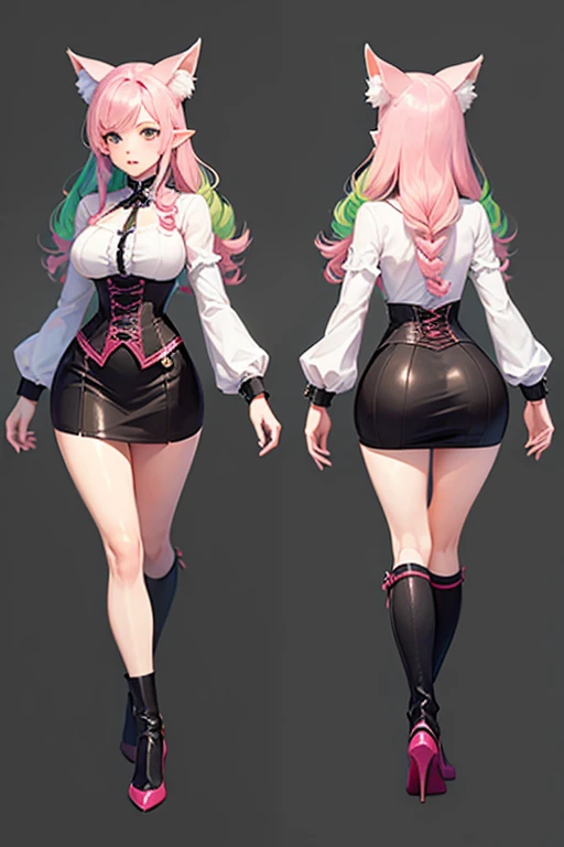 pink hair,Long hair,Adult female,Bartender,((Body harness)),((Rolling up your sleeves shirt)),(Corset),(Tight skirt),Garter belt,High heels,((Simple background)),Smile,((Full body)),((whole body)),Character Sheet,