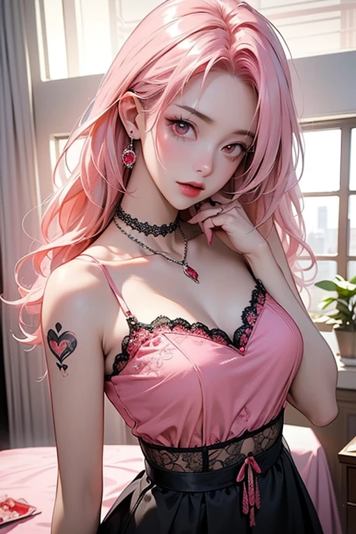 1girll,(Captivating quality:1.4),(True textured skins of the highest quality), Delicate face,Pink twin-tailed hair, Gradient Hair, (perfect bodies:1.1),Heart-shaped choker、long eyelasher,grin, hyperphotorealism, Cinematic lighting, projected inset, surrealism, hyper HD, masutepiece,Dream On,Please wear clear silk pajamas,Carmelto,tattooed,Fantasy space,Luxurious space