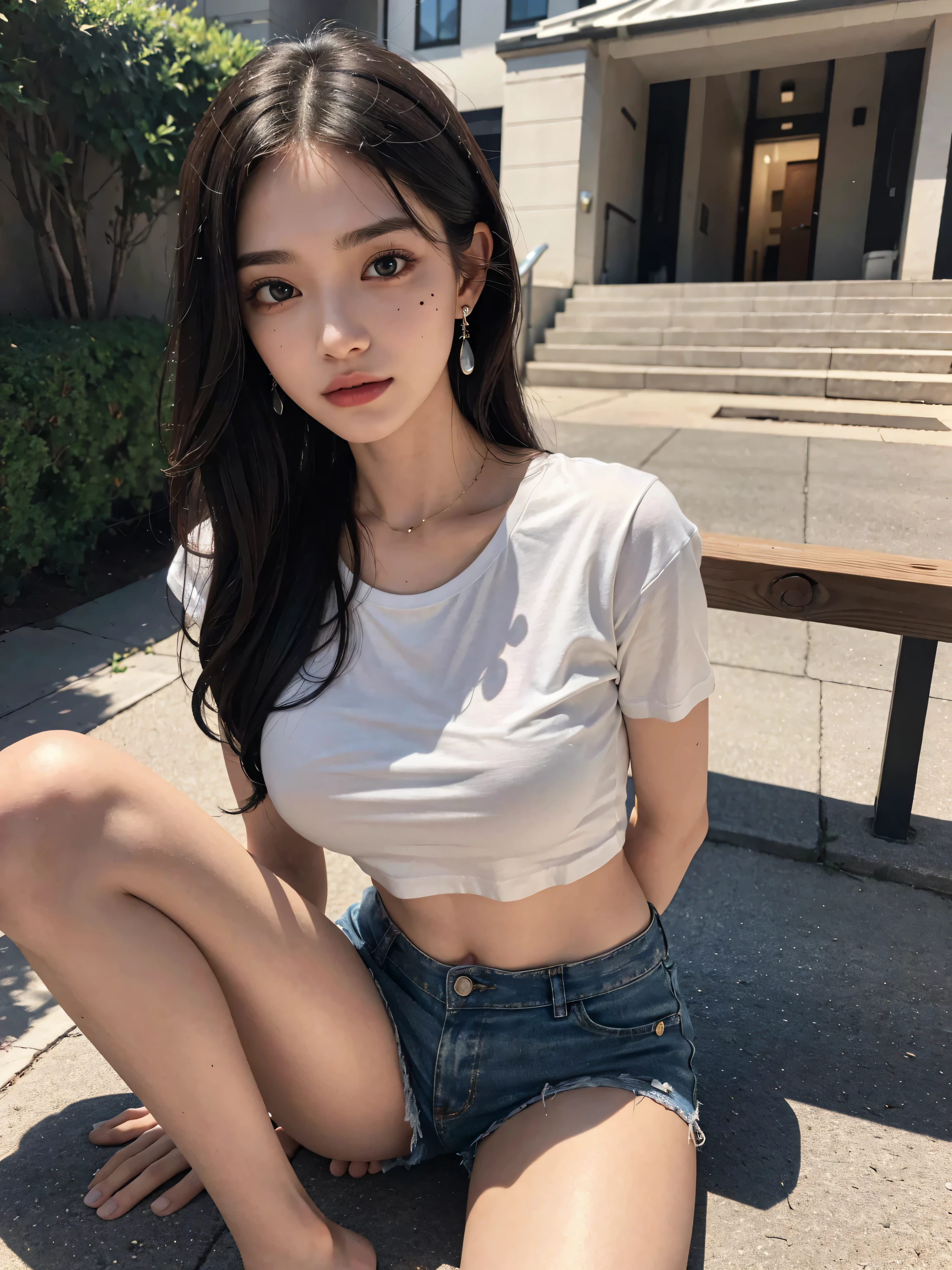 Best quality, masterpiece, super high resolution, (realistic: 1.4), original photo, (evening street), 1 girl, black eyes, looking at the audience, long hair, light makeup, lips, small ears, white t-shirt, denim shorts, earrings, sitting Ferrari, big breasts, slim