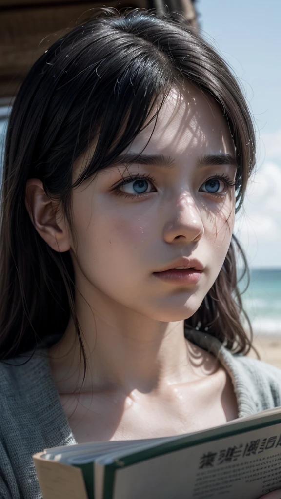 A close-up portrait of a woman with vibrant black hair. She has black eyes and is gazing intently at the camera. Her skin is adorned with freckles, and she appears to be wet, possibly from the water. The background reveals a serene body of water, possibly a lake or sea, with distant mountains. The overall mood of the image is calm and contemplative., illustration, photo, portrait photography