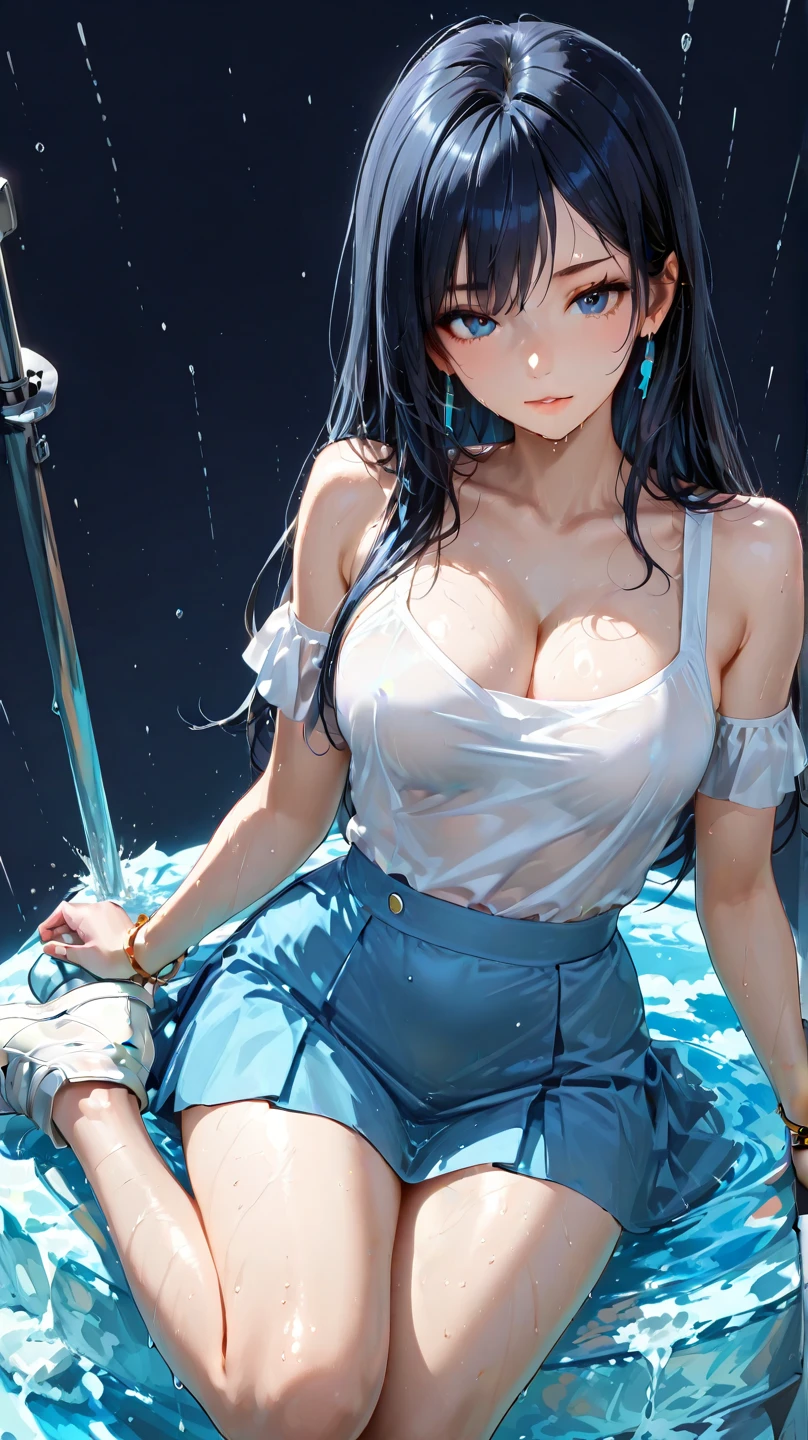 masterpiece, top-quality, hight resolution, Hi-Res, ultra-detailliert, Full limbs, complete fingers, Sailor Mercury Transformation heroine of justice Enameled White Leotard Enamel Blue Boots Wrinkled boots Enamel White Gloves Enamel Blue Mini Skirt Enamel Blue Choker Neat and clean image Gold decoration Costumes with fancy decorations justice poneyTail semi long hair hair adornments A look of shame Crying expression Opening Mouth Squinting eyes Jockey Boots thrust out one's hip Open your legs laying on back Full body painting Put your hand on your crotch You can see your armpits Long boots below the knee Raw feet Thigh legs Soaking a large amount of white slime Open your crotch bend knee お漏らし Yellow water flowing from the crotch Leotards are wet and skin visible full of sweat Drenched darkness inside a cave The surroundings are full of white slime, Pool full of white slime Turbid liquid White slime drips from above indulge Countless tentacles around