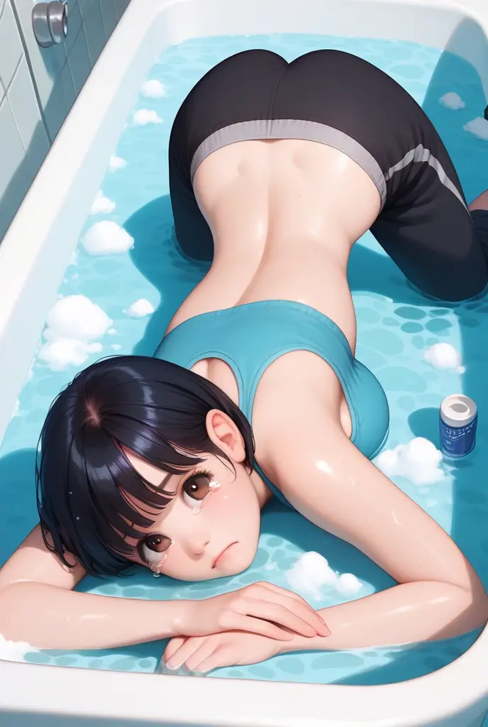 turn around、look back、Stick your butt out、Spread your ass、Spread your legs、crawl on all fours、swimsuit、、Black Hair、short hair、Short low ponytail、Pale purple eyes、Blushing、Small breasts、Small breasts、Black Bikini、lipstick、Perfect hands、Detailed hands、Poolサイド、Pool、one-piece swimsuit, strap slip、backwards、、backwards,