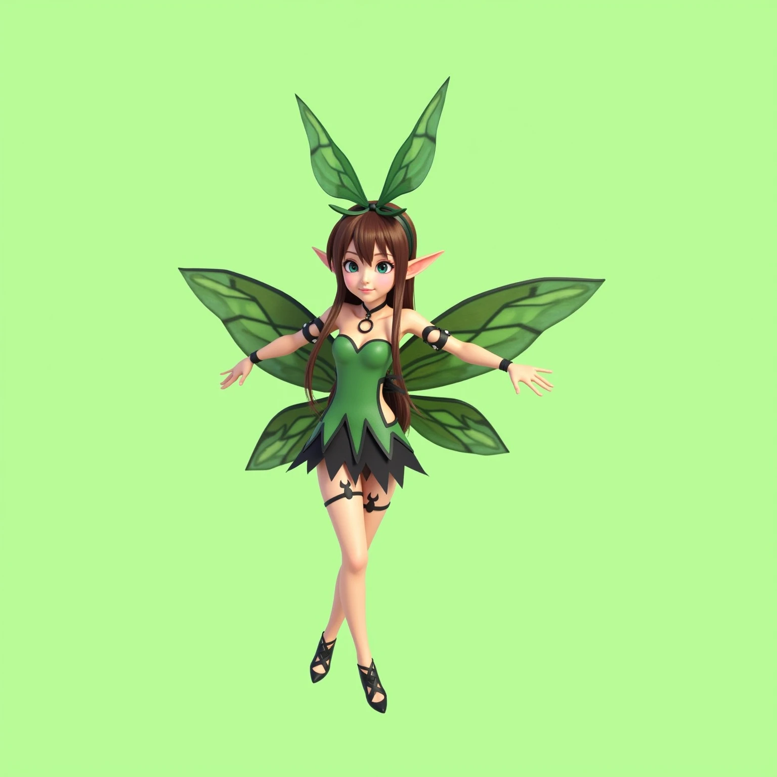 anime girl in green and black outfit with wings and a green background, pixie character, faerie, forest fairy, insect trainer girl, fae, fairy, stunning 3d render of a fairy, forest fae, brunette elf with fairy wings, pixie, render of a cute 3d anime girl, render of april, fairy dancing, fey