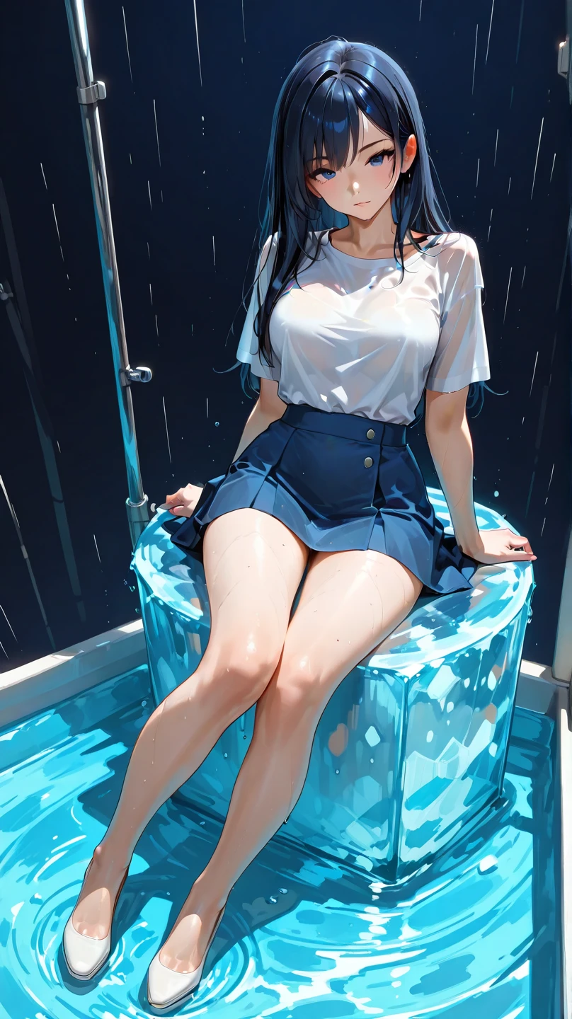8K quality,(super masterpiece:1.3),Highest quality,Detailed Images,1 female,symmetrical beauty,20th Generation,Medium build,(smile,smile),(Black Hair,Curly Hair,High Ponytail,Big hair ribbon),(Thick eyebrows,Thick eyebrows),(Droopy eyes,blue eyes,Blue Eyes,Bright Eyes),(Thin glasses,Thin-rimmed glasses,Small glasses),(Large Breasts,F cupの胸),Tan Skin,(cardigan,Turtleneck sweater,Checkered Skirt,Long tights,Brown shoes,White striped pants),(Draw the whole body,Lift up your skirt,Lift up the skirt,Show off your striped pants,I see striped pants,M-shaped legs,Spread your knees,Bend your knees,Sit with your knees bent,Spread your legs,Spread your legs wide,Do the splits),(background:Deep Underwater,Full body in deep water,Fantastic underwater),(Face directly towards the camera,Looking directly at the viewer,looking at the camera,The body faces the viewer,The body is facing the direction of the camera,Face looking straight into the camera).