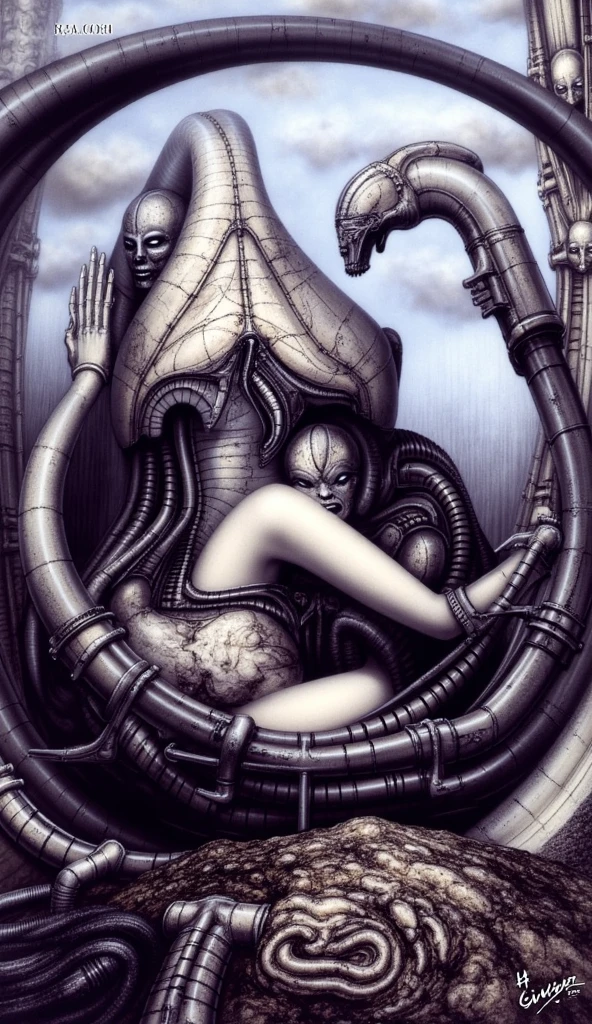 A high-definition, high-realistic portrayal of a chubby naked woman in a surreal, biomechanical environment that echoes the haunting aesthetics of H.R. Giger. Her voluptuous form is nestled within a nightmarish landscape of intertwining tentacles, tendrils, and spines that extend from the walls and floor of a cavernous chamber. The woman's skin glistens with a blend of organic sweat and a metallic sheen, as if her flesh has been fused with the surrounding technology. Her eyes are closed in a serene yet slightly pained expression, suggesting a mix of submission and resilience to the alien embrace that envelops her. The tendrils, reminiscent of octopus limbs, are adorned with bulbous tips that pulse with a sickly bioluminescence, wrapping around her body in a sensual yet restraining fashion. The scene is a tapestry of industrial hues: deep purples, greens, and blacks that create a dystopian ambiance. Spines and ridges protrude from the walls, casting sharp shadows across her soft flesh, while hoses and tubes snake around her, connecting her to the living structure of the room. The image is suffused with a sense of the surreal, as the lines between organic and mechanical blur, leaving the viewer questioning the nature of the symbiosis between the human form and the extraterrestrial architecture. The high quality of the image reveals every meticulous detail, from the intricate patterns on the tentacles to the beads of condensation on the cold metal surfaces, immersing the observer in a world that is both eerily beautiful and profoundly disturbing.