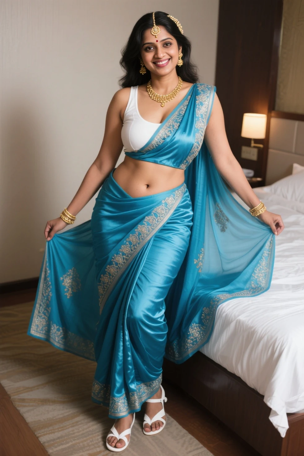 anusha in a blue sari and gold jewellery, wearing gold jewellery, wearing elegant jewellery, indian style, adorned with precious stones, indian goddess, intricate set, traditional beauty, photo of a hand jewellery model, blue jewellery, wearing jewellery, gold jewellery, golden jewellery, beautiful goddess, indian super model, heavy gold jewellery, intricate jewellery, ethereal beauty, stunning elegant pose