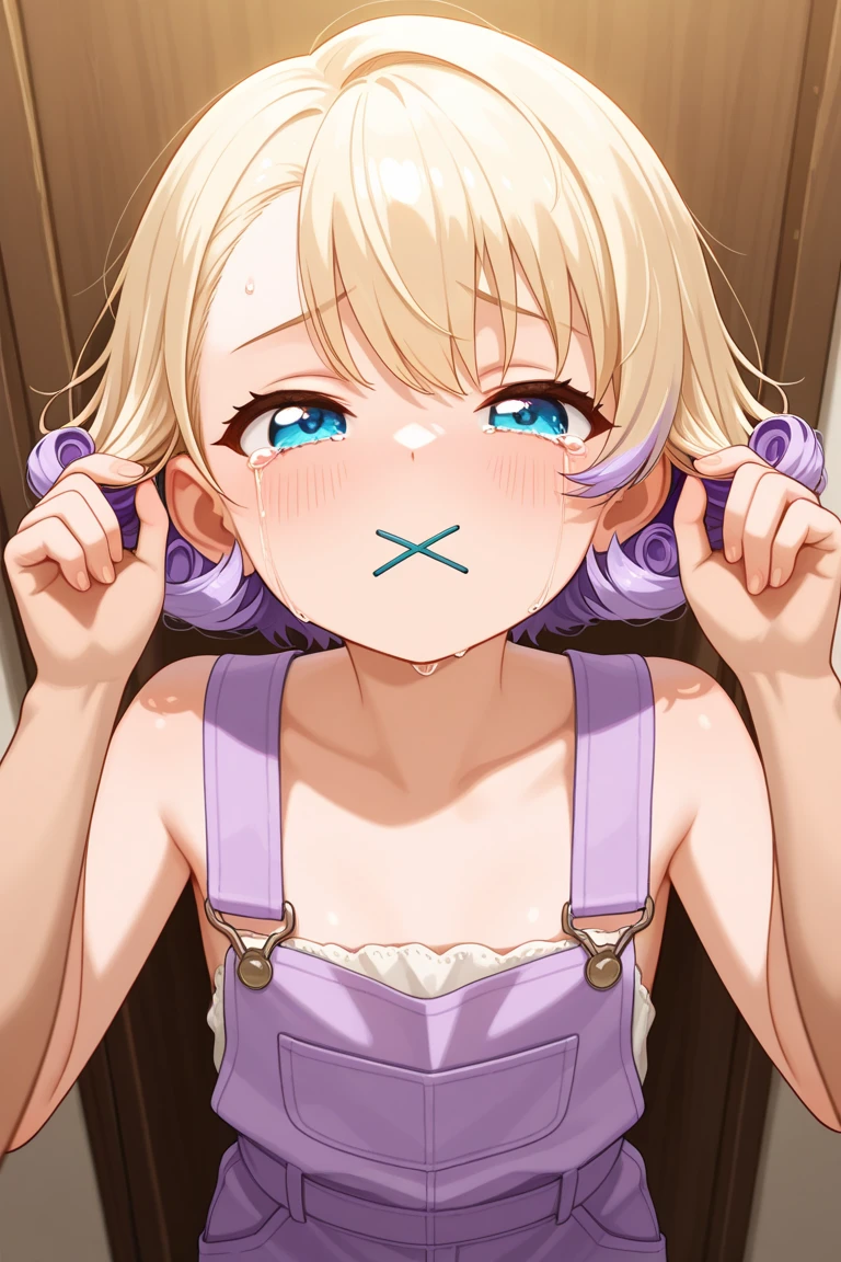 (best quality), (Super detailed), (Best Illustration), (nsfw), (1woman), (Ahegao:1.2), look at viewer, (flower pattern shirt), (:1.2), Blonde twin tails, curly hair, hairs between eyes}, {(detailed eyes), heart-shaped pupils, blue eyes}, sweat, steam, girl trembling with sexual climrings, hairband