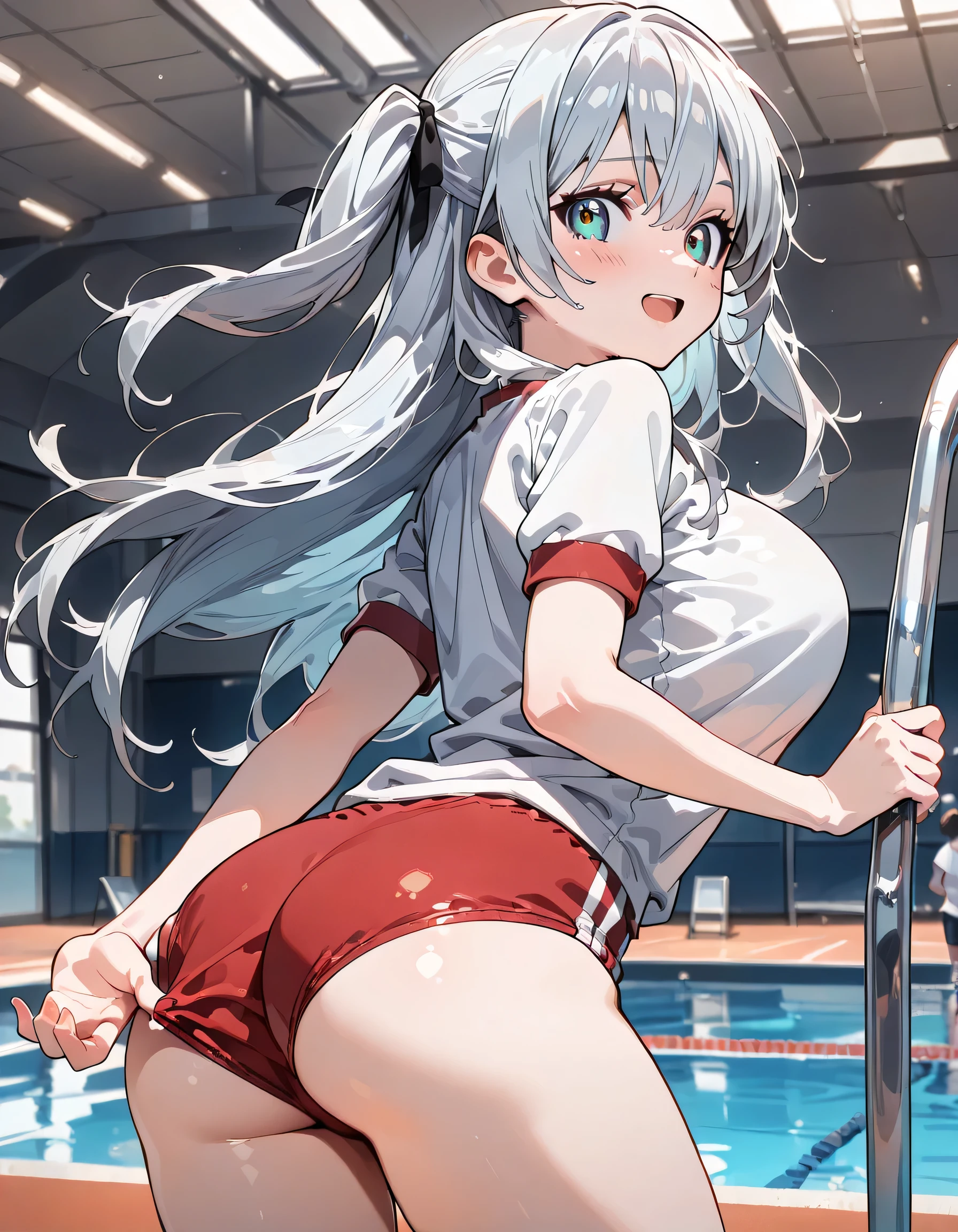 White hair, Earphone, red hairband, Gradient eyes, anime big breast, god light, angle of view, hyper HD, Super detail, High details, High quality,swim wears