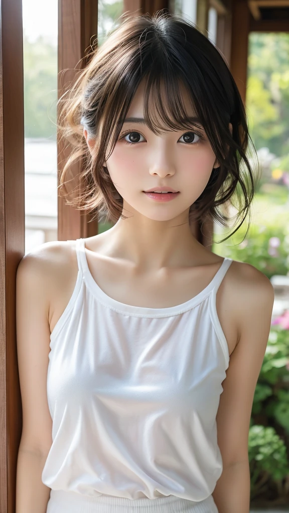 (top-quality), (fullnude:1.5), (White Apron:1.3), (thick material fabric:1.3), (Be red in the face:1.3), (barechested:1.3), (Breast overflow:1.4), (Realistic:1.5), 15 year old girl, Precise hands, embarrassing looking, Smile, Very cute girl, Baby face, Clear eyes, Shining eyes, tiny chest, The outer chest is visible, de pele branca、Beautiful skins, ultra-definition, Top resolution, , Brown hair((Angle up to the knee))