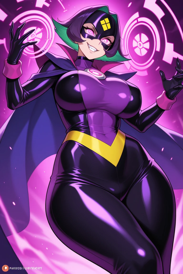 Draw a face carefully High quality anime style faces Black Hair Black full body suit Purple pantyhose with bat print Attractions Laughter Morrigan Aensland Rear View