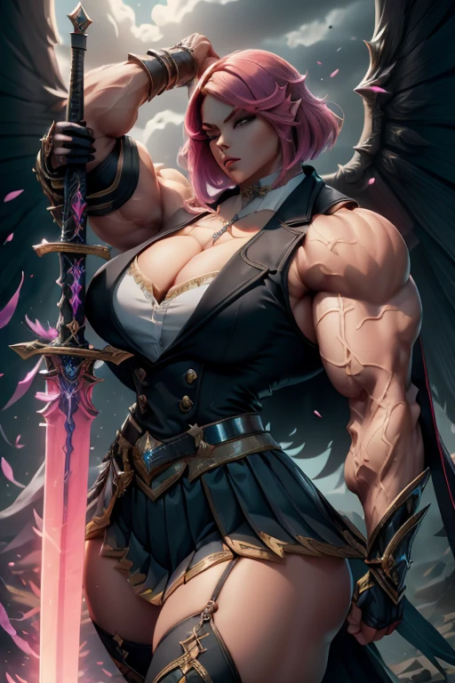 (((Massive beautiful, buff, light brown skinned muscular female saint knight with shocking pink hair, black lipstick, ginormous bulky muscles, carrying a giant sword and wearing a pink Saint Seiya Gemini Armor))), ((close-up view)), large breast, massive muscles, massive biceps, hyper muscle shoulders, hyper muscle triceps, (angled bob cut), red eyes, (Paladin boots), (angel metal armor), breastplate, (angel gauntlets), (holy Shoulder armor), closed smile, (in a heavenly castle), Vascular arms, hyper muscles arms, hyper muscle legs, massive buff arms.