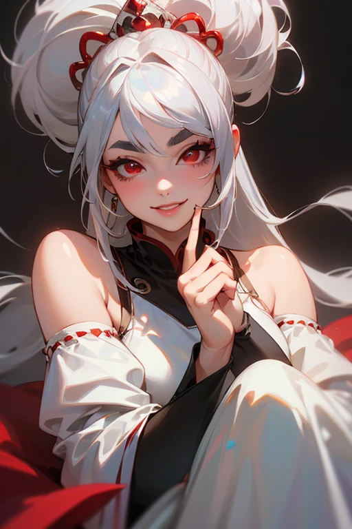 (masterpiece, best quality:1.4), 1 girl, 独奏, Red pupil, Blurred eyes, Smile, Look up and down, Pink lower lip, Left index finger touching face, Silver asymmetrical hairstyle, Long bangs on one side, High ponytail royal sister, Huge breasts, White Dress, black background.