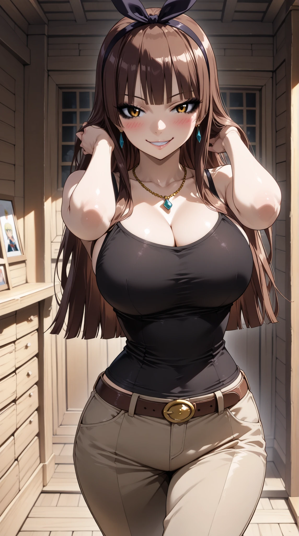 anatomically correct, best quality, masterpiece, high quality, high details, highres, HD, (shaded face:1.2), hollow eyes, red eyes, looking at viewer, smirk, upper teeth, purple lips, makeup, black hair, long hair, huge breasts, sagging breasts, sweating, pointy ears, pale skin, "Photorealistic, Hyperrealistic, Hyperdetailed, analog style, soft lighting, subsurface scattering, realistic, heavy shadow, masterpiece, best quality, ultra realistic, 8k, golden ratio, Intricate, High Detail, film photography, soft focus, fantasy art, bokeh, 1girl, long_hair, breasts, mountain, looking_at_viewer, cleavage, medium_breasts, sky, realistic, skirt, outdoors, sunset, front-tie_top, lips
