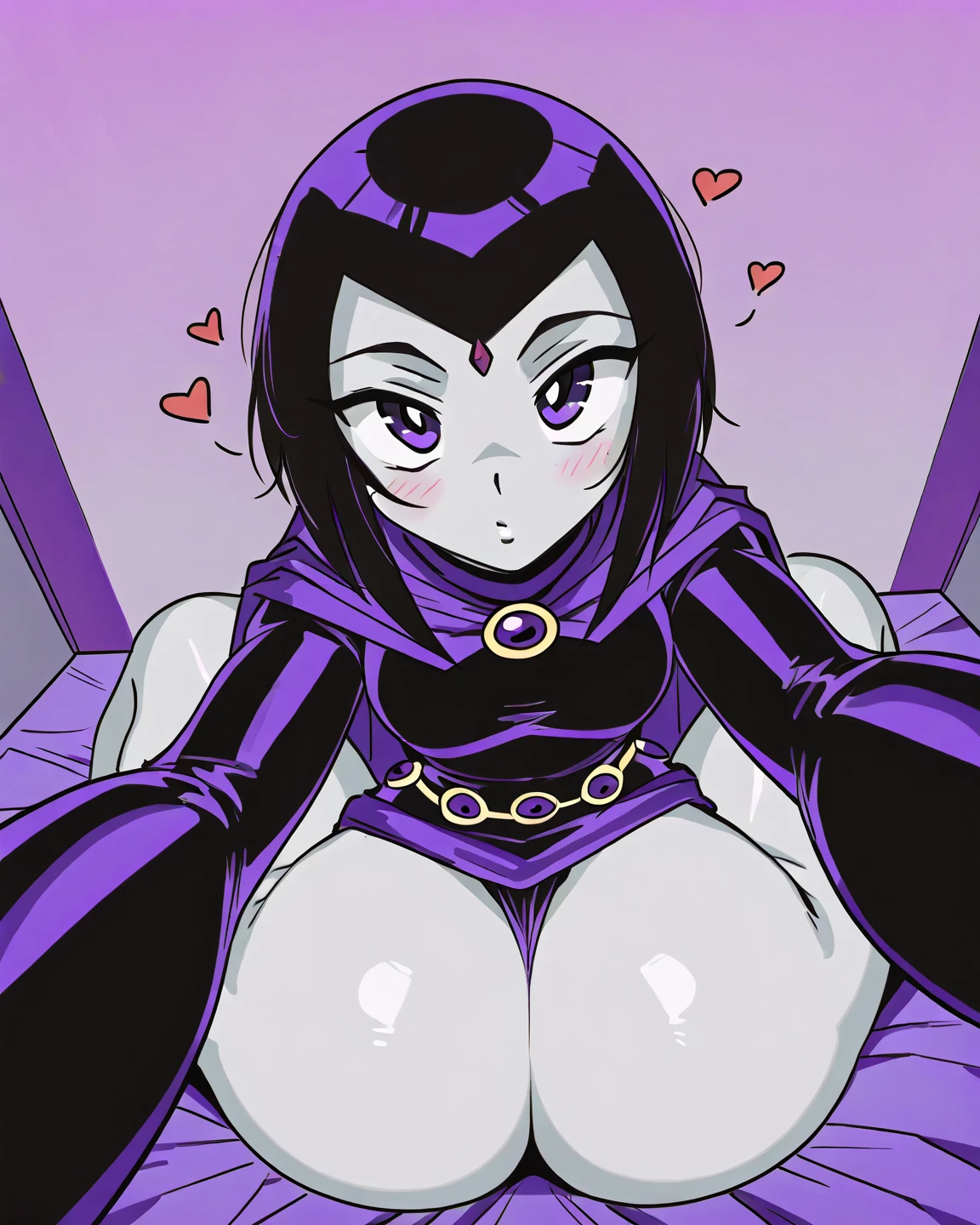 score_9, score_8_up, score_7_up, score_6_up, score_5_up, score_4_up, BREAK 1girl, rating_explicit, raven, titans, Grey skin, purple hair, , bedroom eyes, ,eyeshadow, pussy, ,, , breasts, areola, erect nipples,, , pussy, exposed nipples, simple background, sex, 2boys, faceless males,, threesome, blowjob