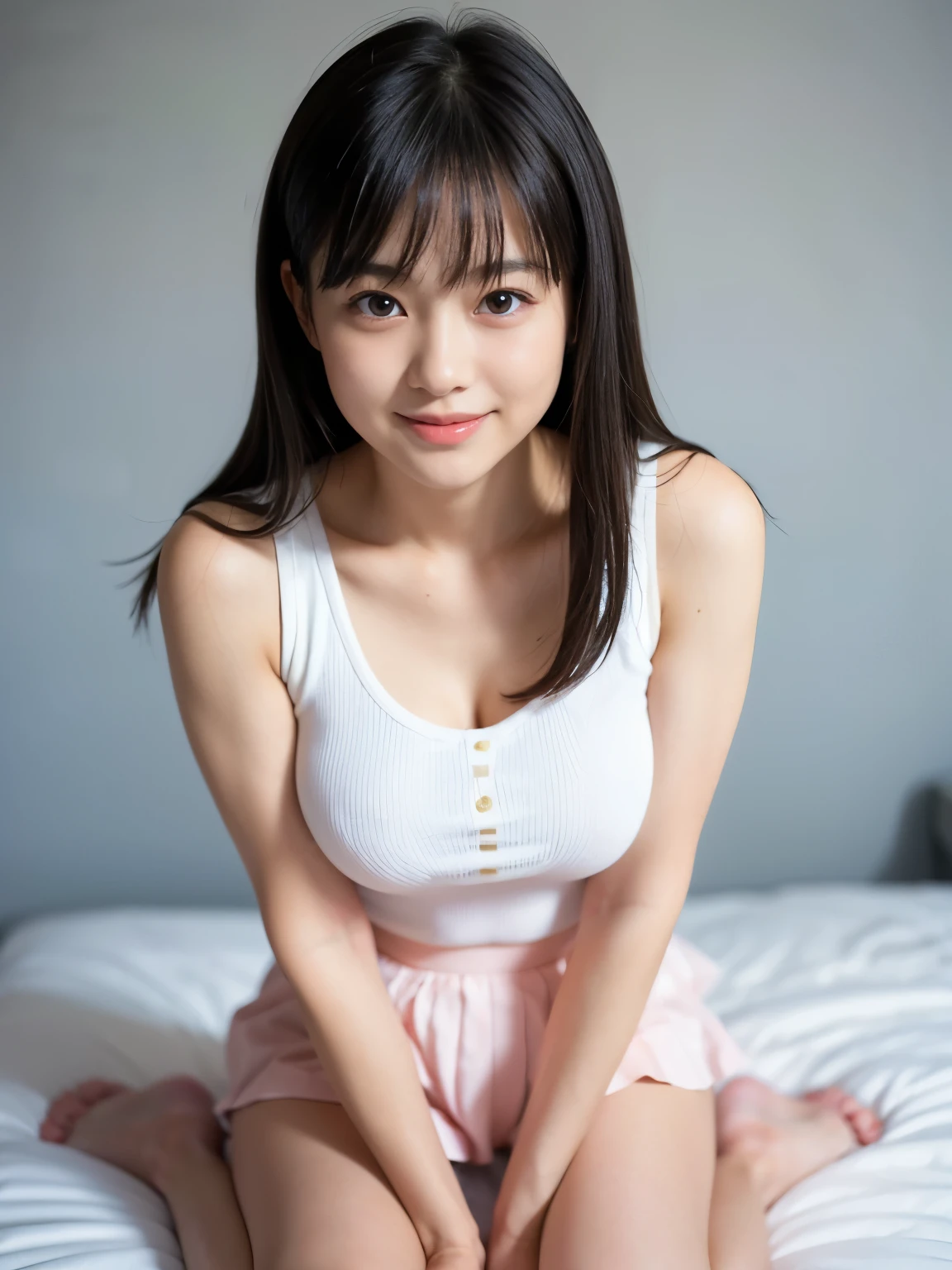 White and Bright Red, (Masterpiece 8K TopQuality:1.2) (ProfessionalPhoto:1.37) {(StandingFullBody:1.2)|ZoomdOut} ExtremelyDetailed (((KAWAII girl with HUGE boobs:1.37)) in (WHITE cotton T-shirt mini dress:1.28) with (LifeSize her Rialistic portrait printed on it:1.37)) detailed (Delicate cotton textures), ((Studio Dark GRAY Background) with (Oodles Dazzling Neon Color Particles:1.32)) BREAK (((NOGIZAKA FaceVariations))), Extremely Detailed (very KAWAII Face), Childish CaptivatingGaze Stunning ParfectEyes ElaboratePupils with (SparklingHighlights:1.28), DoubleEyelids with (Detailed Voluminous LongEyelashes:0.88), Small GlossyRedLips with BeautifulDetails, CoquettishTongue, PUNIPUNI RosyCheeks, Radiant PearlSkin with Transparency, Glowing DowneyHair . { (Dynamic Joyful expressions LifeLike Rendering:1.4) | (:d) }, (Acutance:0.8) .