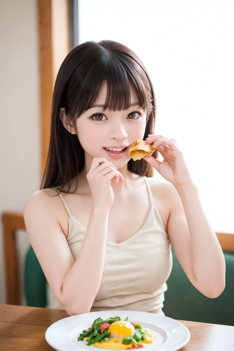 A very cute face like a 15-year-old idol Smiling Kindly In underwear Whole body Medium bust Dining table at home noon Natural light sit down Full body portrait Eating a delicious looking little croissant on the table RAW Photos Genuine Genuine High resolution