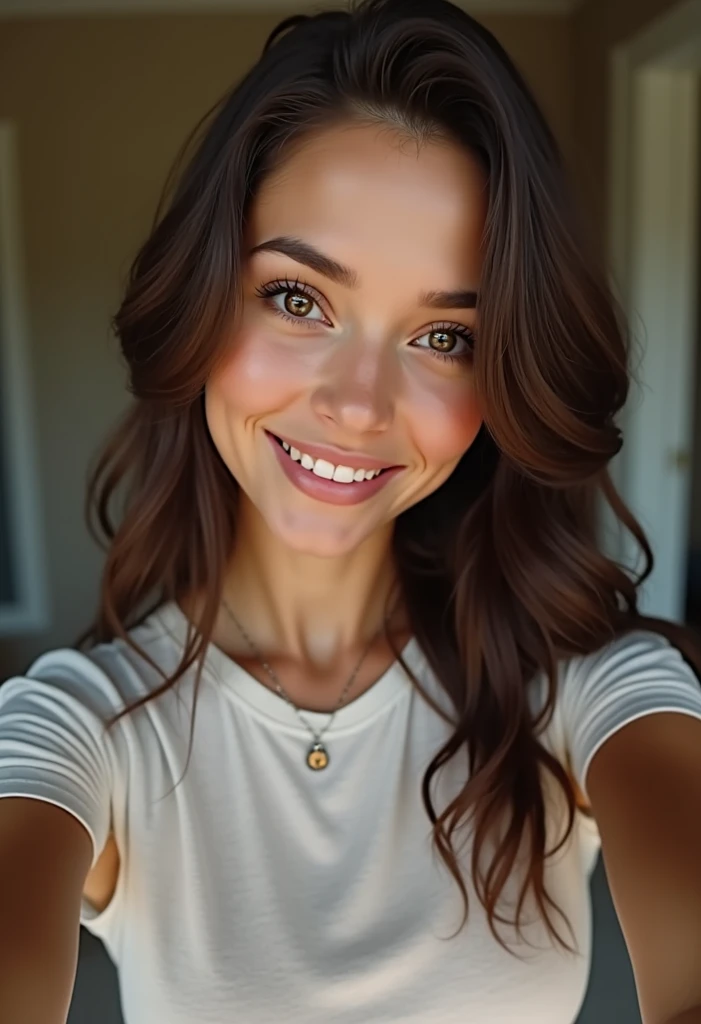 une jeune brune, avec de longs cheveux bruns et de beaux yeux bleus, style précis, couches ondulées et texturées, ambre clair et rose, coton olive, éclairage flatteur, élégance sans effort. Prendre un selfie, pose sexy. avec un grand et beau sourire (montrant ses dents), (quand il sourit il fait deux trous dans ses joues).
