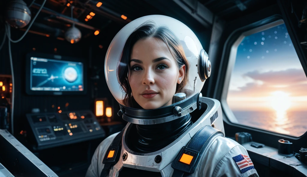 photo of a latina woman, in space, futuristic space suit, (freckles:0.8) cute face, sci-fi, dystopian, detailed eyes, blue eyes