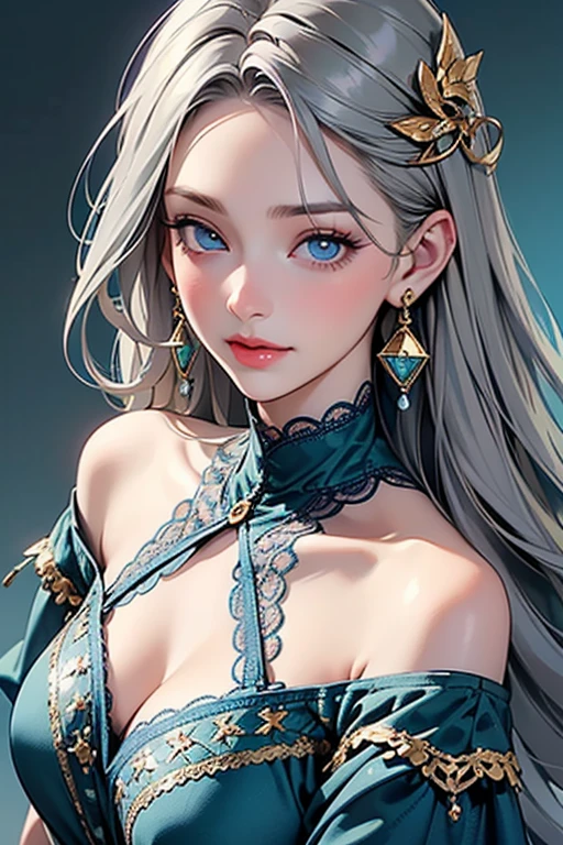 ((best quality)), ((masterpiece)), (get used to it), Perfect face , masterpiece、best quality、high resolution、High-quality images、8K, 1 female、Radiant skin、Skin and clothing textures、Delicate eyes and expressions、Shiny silver hair,girl with long braids, Comics inspired by Lee Jong Suk, Popular on deviantart, realism, Detailed comic style, Comic art style, Perfect Line Drawing, Beautiful line art, Digital Comic Art Girl, K-pop idol, Beautiful light blue eyes, Thickening of the lips, Delicate face,Attention to detail, (Lovely smile), charm, Innocent, side view, (Perfect and detailed face), (beautiful hands) Realistic images, Written border depth, 20th Generation ,beautiful girl , light blue rose , Lace dress , Medium bust , Protruding shoulders , I can see her cleavage , light blue rose , There are many light blue roses in the background ,