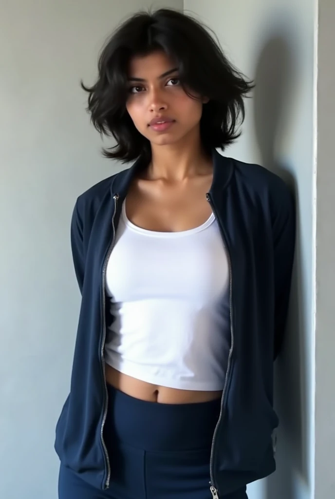 Indian woman in gym uniform full body standing, best quality, high detail, 1980s film