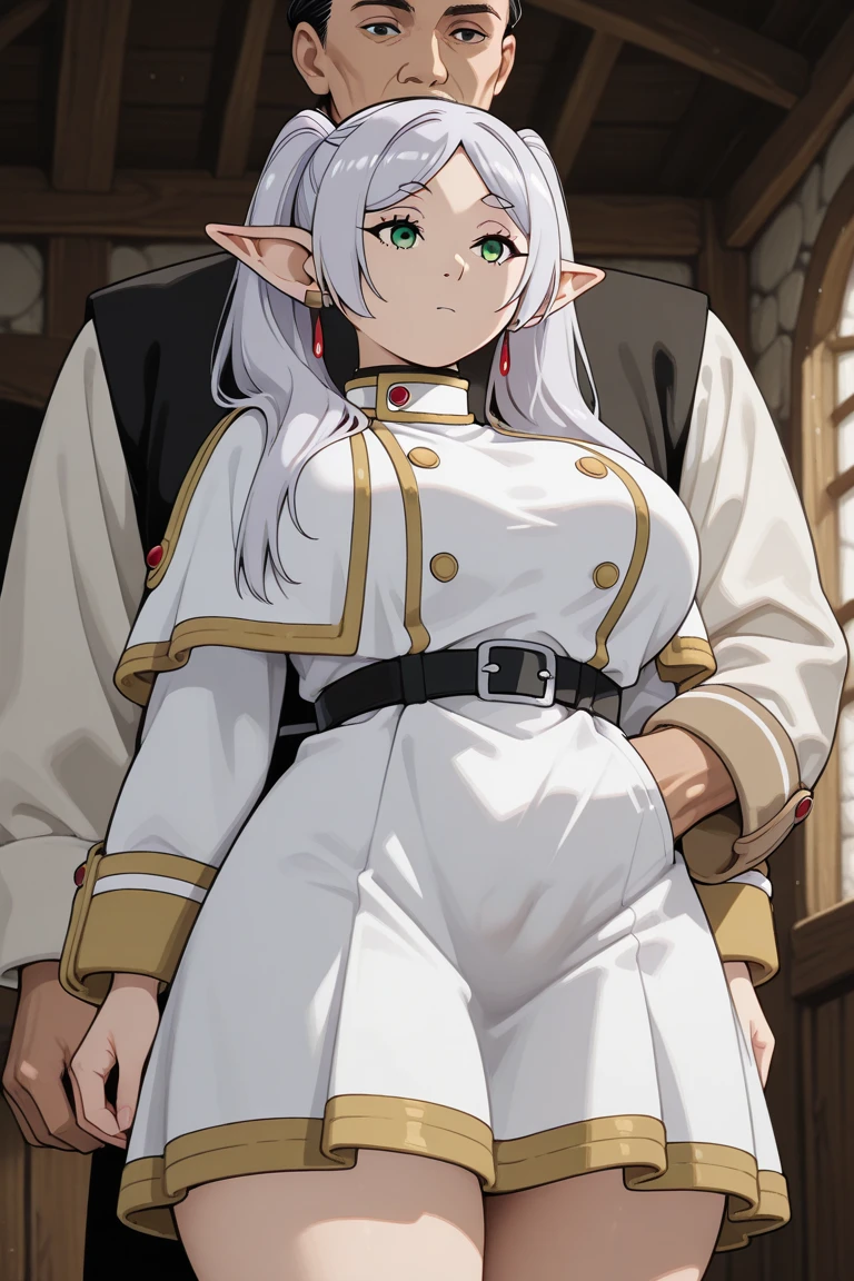 masterpiece, highest quality, (figure), alone, Freezing, Pointed Ears, Twin tails, Green Eyes, Fairy, Long Hair, Gray Hair, Thick eyebrows, Parted bangs, (Prominent large breasts:1.5), Are standing, superiorper body, smile, (View Viewer), (close_superior:0.85),