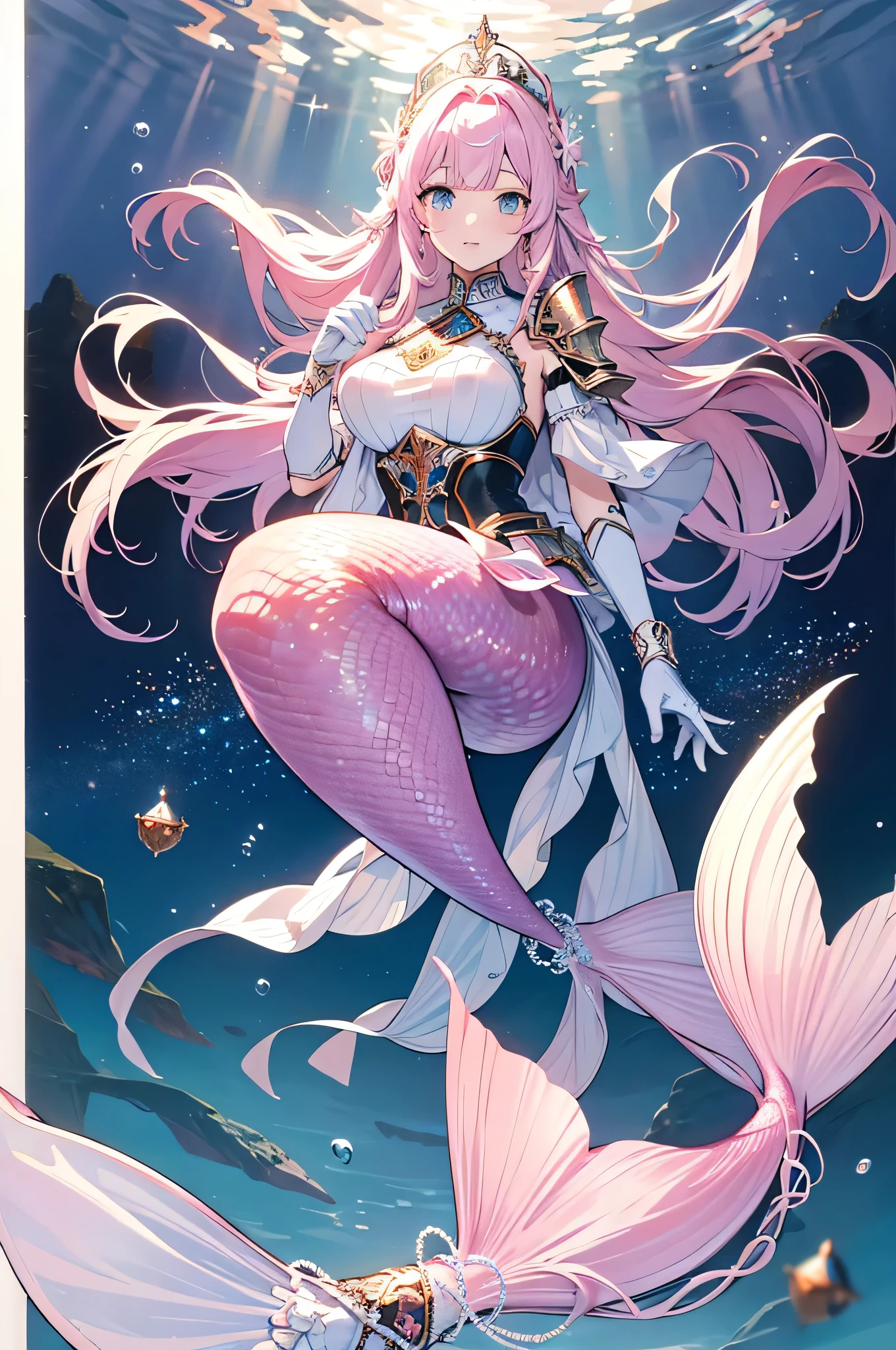masterpiece, best quality,a female,big breasts,Mermaid,pink mermaid tail,full-body shot,charming脸(kawaii, charming,soft)