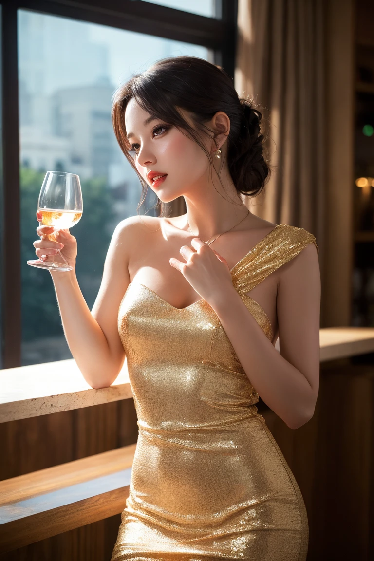 (in 8K、Raw photography、top-quality、masterpiece:1.2)、(realisitic、Photorealsitic:1.37)、top-quality、超A high resolution、cleavage of the breast、Colossal tits、beauty legs、high-heels、alcohol、a bar counter
