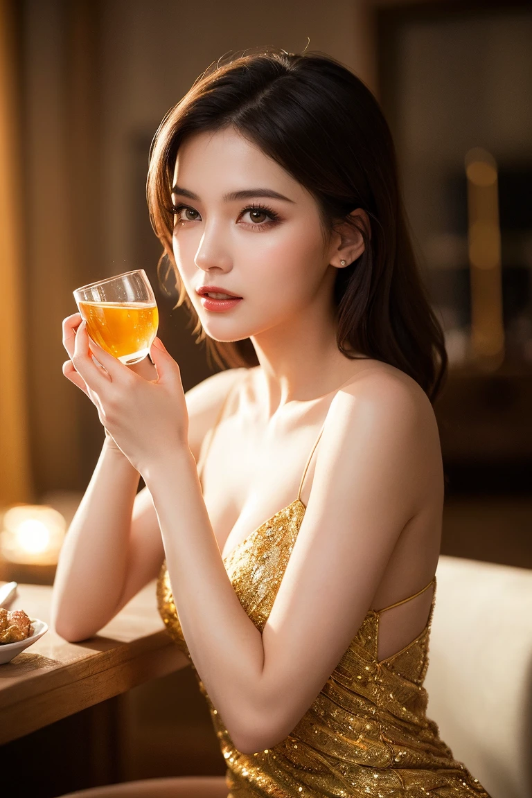 close-up of beautiful korean female, 34 inch breasts size, wearing dress, sitting in the bar, holding juice mug, bokeh background, UHD