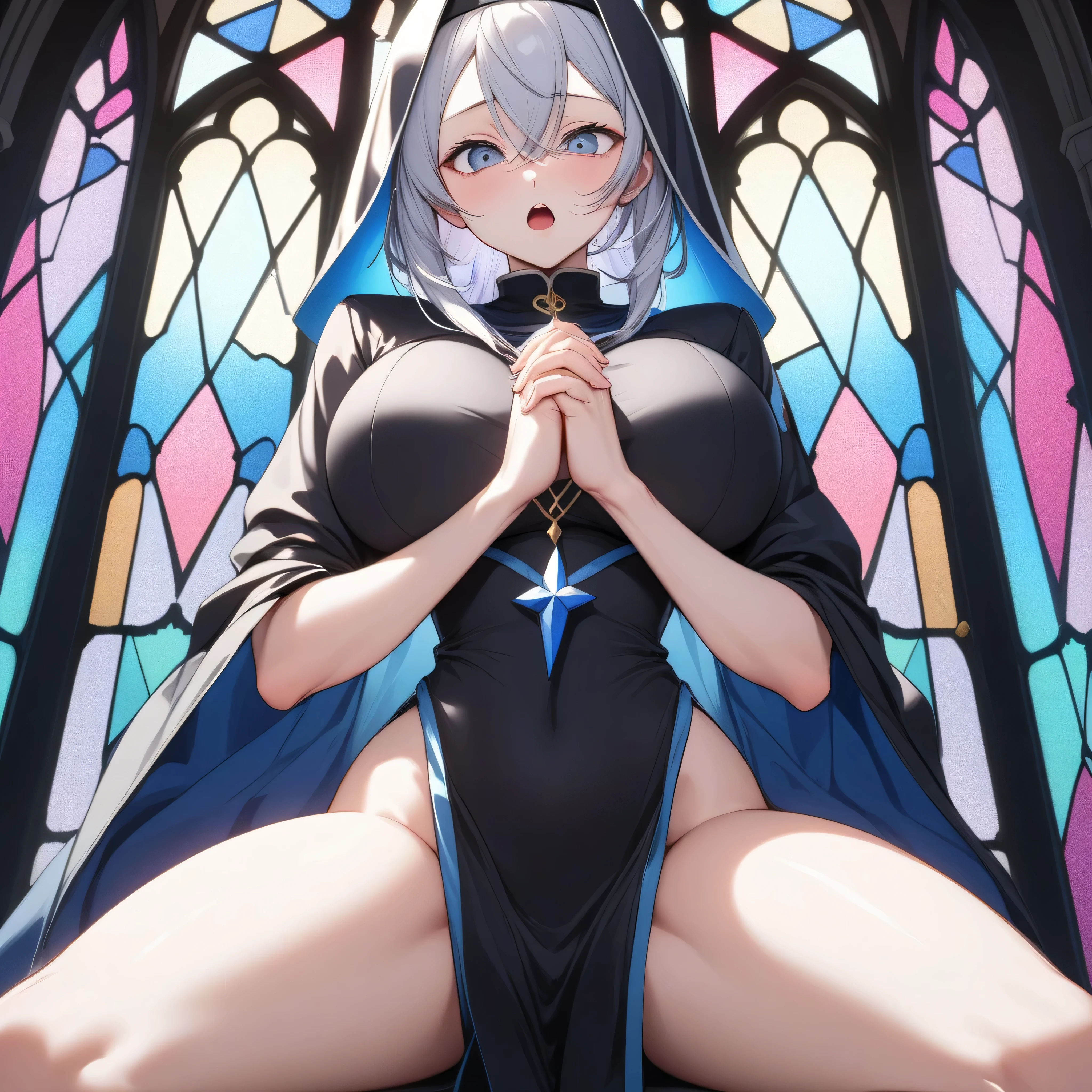 score_9, BREAK, stained glass, solo, (1 skinny priestess praying), (praying with clasping hands under chest), clasping both fists under chest, (bouncing huge breasts), (perky breasts), fists lift breasts up, {arched back}, spread legs, BREAK, narrow waist, skinny legs, tight-fit long black robe, orgasm, large eyes, (pussy juice dripping down:0.5), too short torso