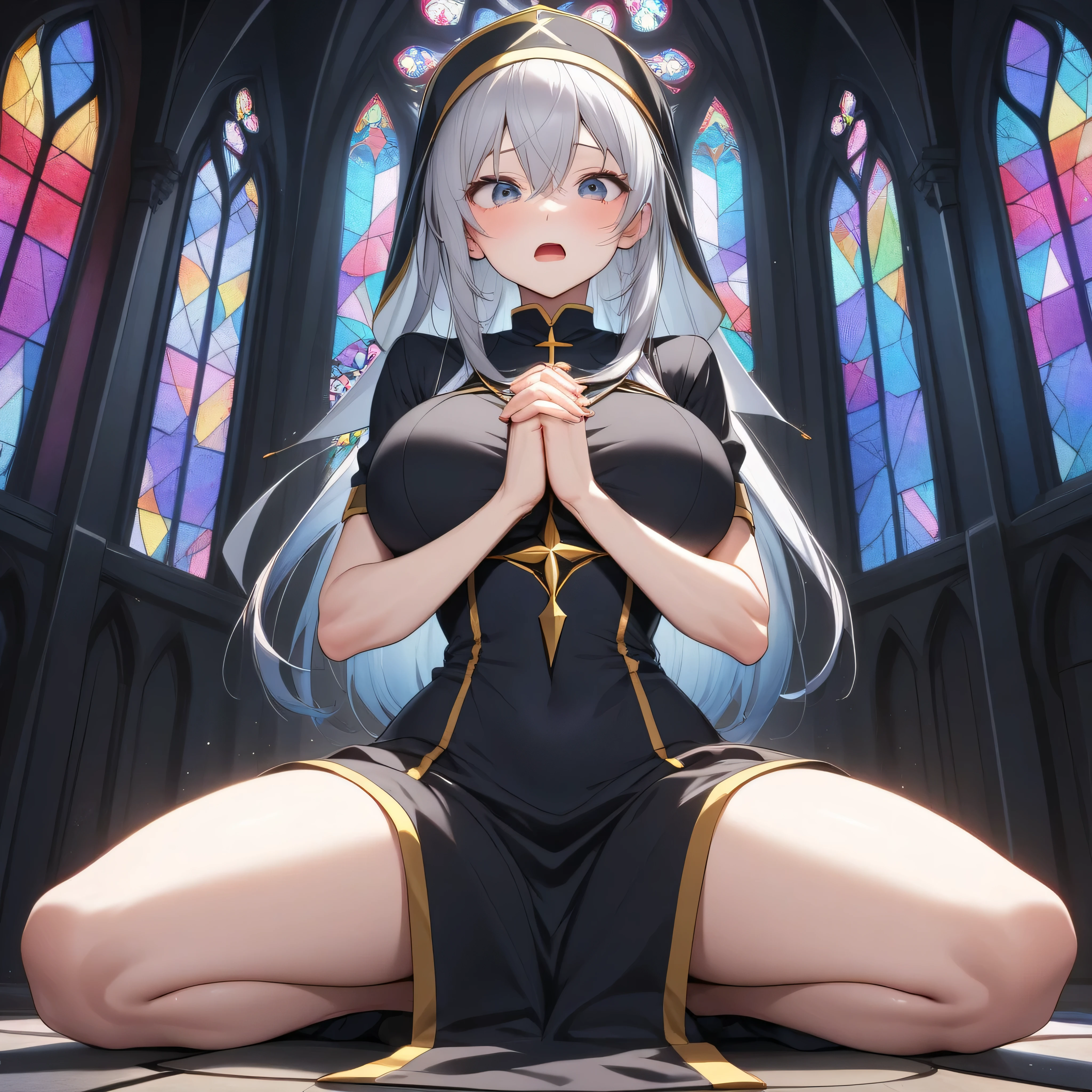 score_9, BREAK, stained glass, solo, (1 skinny priestess praying), (praying with clasping hands under chest), clasping both fists under chest, (bouncing huge breasts), (perky breasts), fists lift breasts up, {arched back}, spread legs, BREAK, narrow waist, skinny legs, tight-fit long black robe, orgasm, large eyes, (pussy juice dripping down:0.5), too short torso