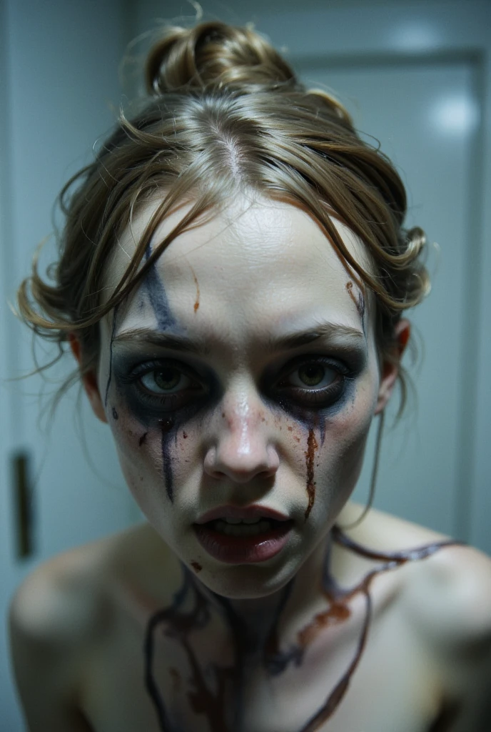 color photo of a scared Austrian-Brazilian girl, her face pale and contorted with fear, her wide eyes filled with terror. Her blonde hair hangs in disarray around her, adding to the sense of chaos and unease. She is captured in the ghoulish and satanist room, a place of darkness and malevolence. Sinister figures loom in the background, their shadowy forms adding to the eerie atmosphere. The room itself is adorned with occult symbols, the walls covered in faded and peeling wallpaper that seems to whisper secrets of the dark. The low-quality camera from 2004 struggles to capture the scene, resulting in a grainy and distorted image. The picture carries a sense of urgency and rawness, as if it was hastily taken in a moment of terror. The grain adds a gritty texture, intensifying the unsettling mood of the photograph. The color film used casts a muted and somber tone, enhancing the eerie ambiance of the room. This juxtaposition of fear, the macabre setting, the grainy quality, and the vintage aesthetic of the camera creates a chilling and haunting image. Directors: David Lynch, Guillermo del Toro, Stanley Kubrick Cinematographers: Roger Deakins, Emmanuel Lubezki, Darius Khondji Photographers: Diane Arbus, Francesca Woodman, Cindy Sherman Fashion Designers: Alexander McQueen, Rick Owens, Gareth Pugh ::n_bad anatomy, mutation, mutilation, deformity, poorly drawn, extra arms, extra legs, missing arms, missing legs, mutated hands, mutated feet, fused fingers, extra fingers, long neck, disfigured features, gross proportions, asymmetrical, blurry, ugly, extra eye, missing eye, deformed skull, malformed limbs, mutated mouth, missing teeth, extra teeth, malformed teeth, gross, disgusting, deformed spine, distorted bones, missing bones, out of frame, low resolution, low quality, normal quality, jpeg artifacts, signature, watermark, username, text, error, missing components, extra components, cropped, worst quality, low-res, bad proportions