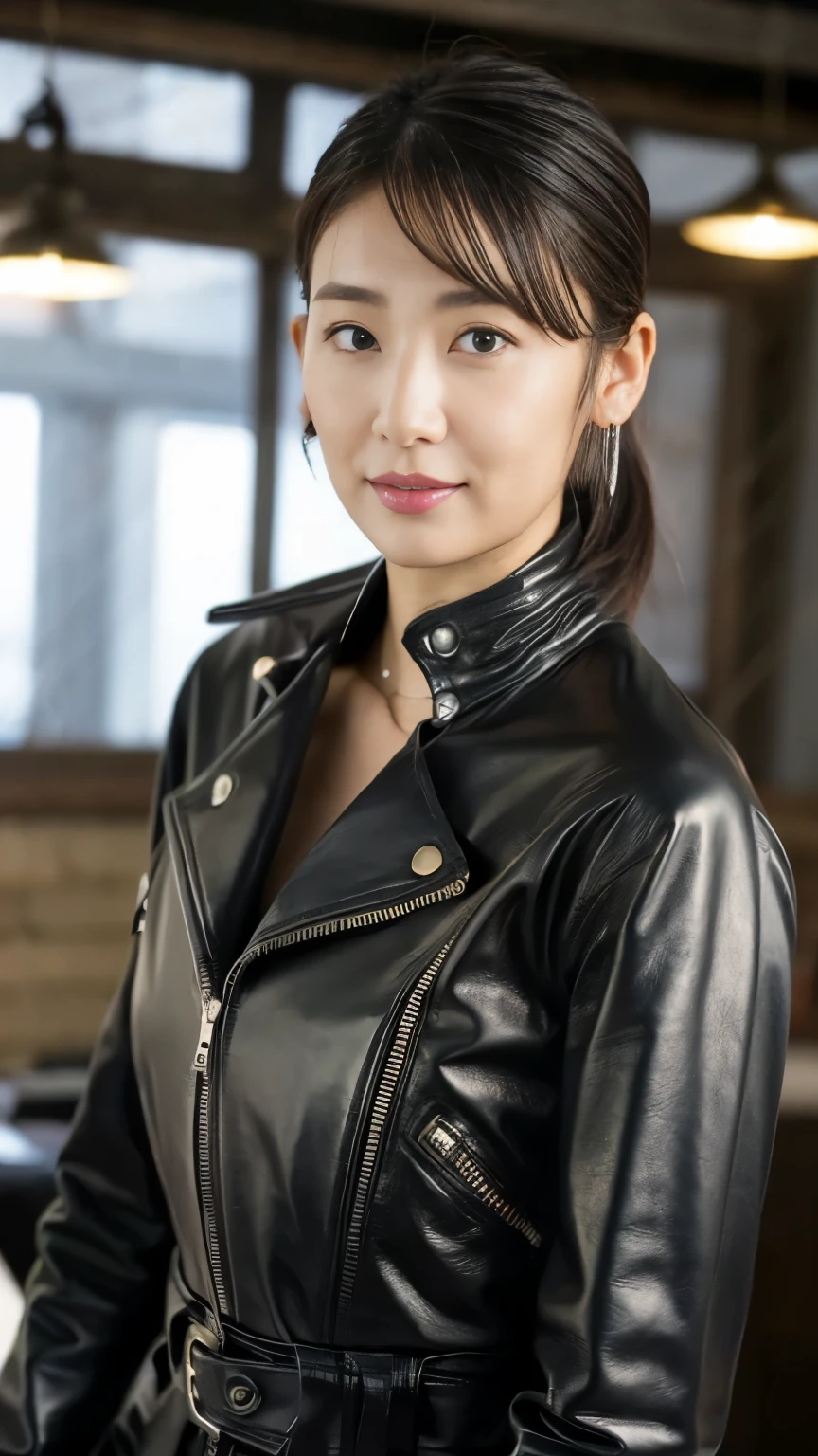 masterpiece,Highest quality,taller than, (mature_woman_Lady:1), beautiful face, face_concentrated, (Simple Background:1.2),, feet_concentrated,software,Leather Fashion,Leather skirt,leather jacket,Bob cut short hair,Big Breasts