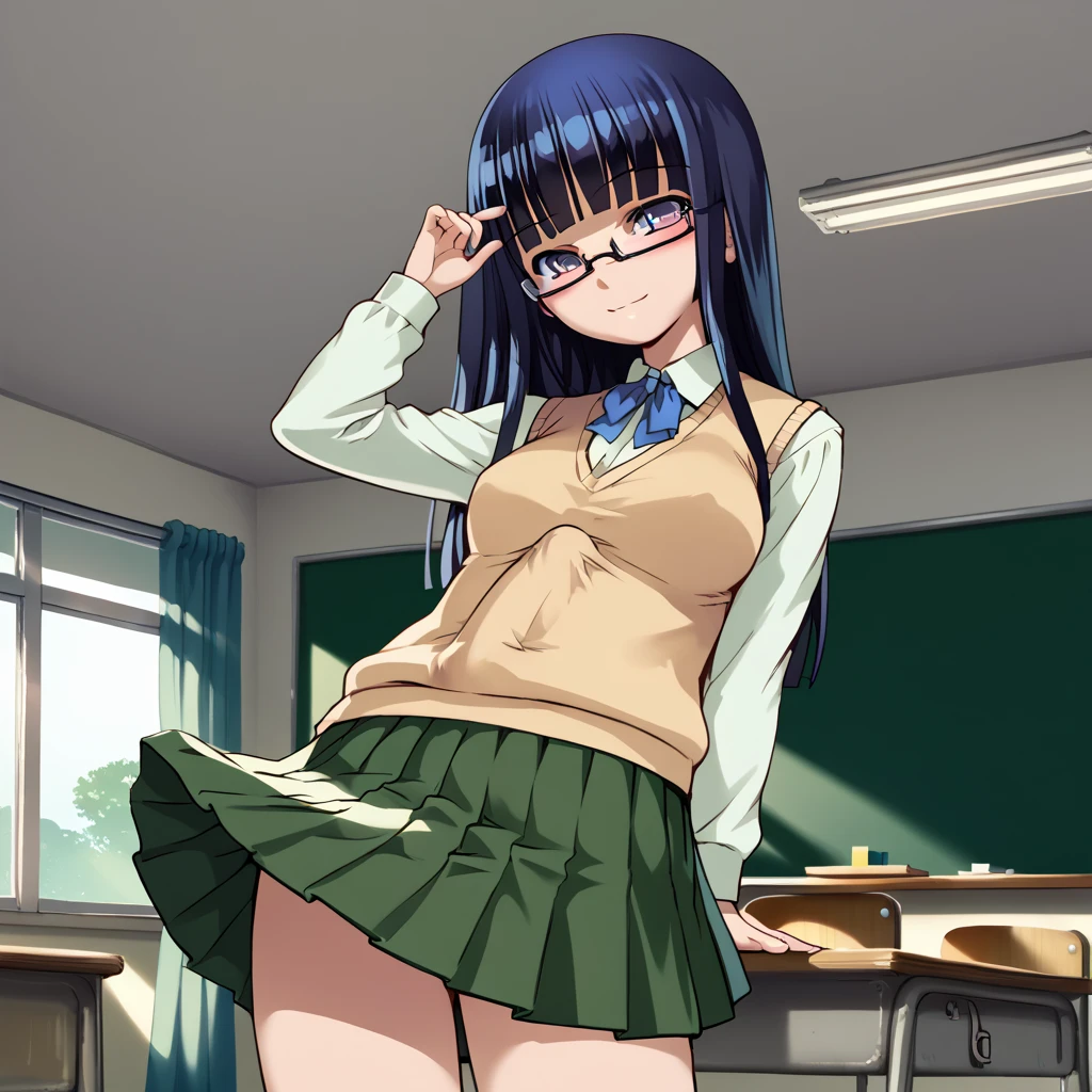 (masterpiece:1.3),(highly detailed:1.3),(highres:1.1),best quality,Ultra-detail,1girl,solo,from behind,jelosumikaoohashi,glasses,shirt,long sleeves,green skirt,skirt lift,panties,ass,looking back,smile,<lora:sumika-oohashi_futabu:1>,
