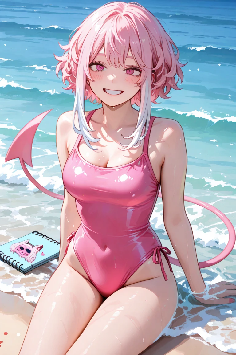(masterpiece, best quality:1.2), cowboy shot, (solo), (1girl):1.5, (glasses):1.5, long fluffy pink hair, gorgeous body, slight smile, (sexy leotard), belly, navel exposed, large gorgeous breasts, breasts niples, (cameltoe), under a palm tree on a windy beach