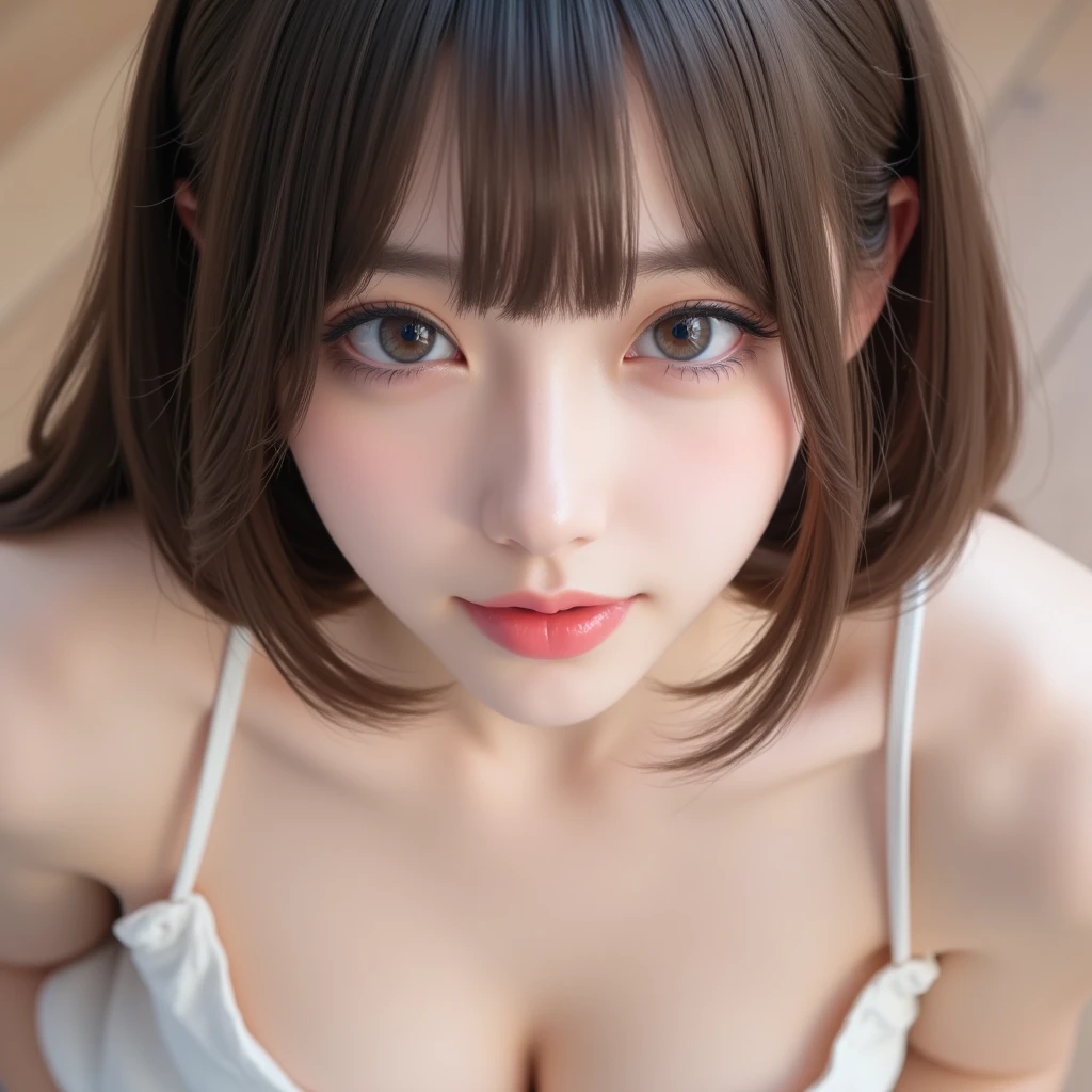 Tabletop, Highest quality, ((Full nudity))、Saggy breasts、((Large Breasts:1.4))、Chubby、Very delicate, sexy and beautiful、Brown Hair、((Hime cut:1.4))、bangs、Long Straight Hair,Half Up Hair、Very detailedな, Very detailed, Highest quality, High resolution, Very detailed,1 person, Highest quality, Curvaceous figure, Emphasized , Looking at the audience, Realist ,Genuine,(((Blurred Background:1.5、Photo studio、Cinema Lighting、Professional Photographer)))