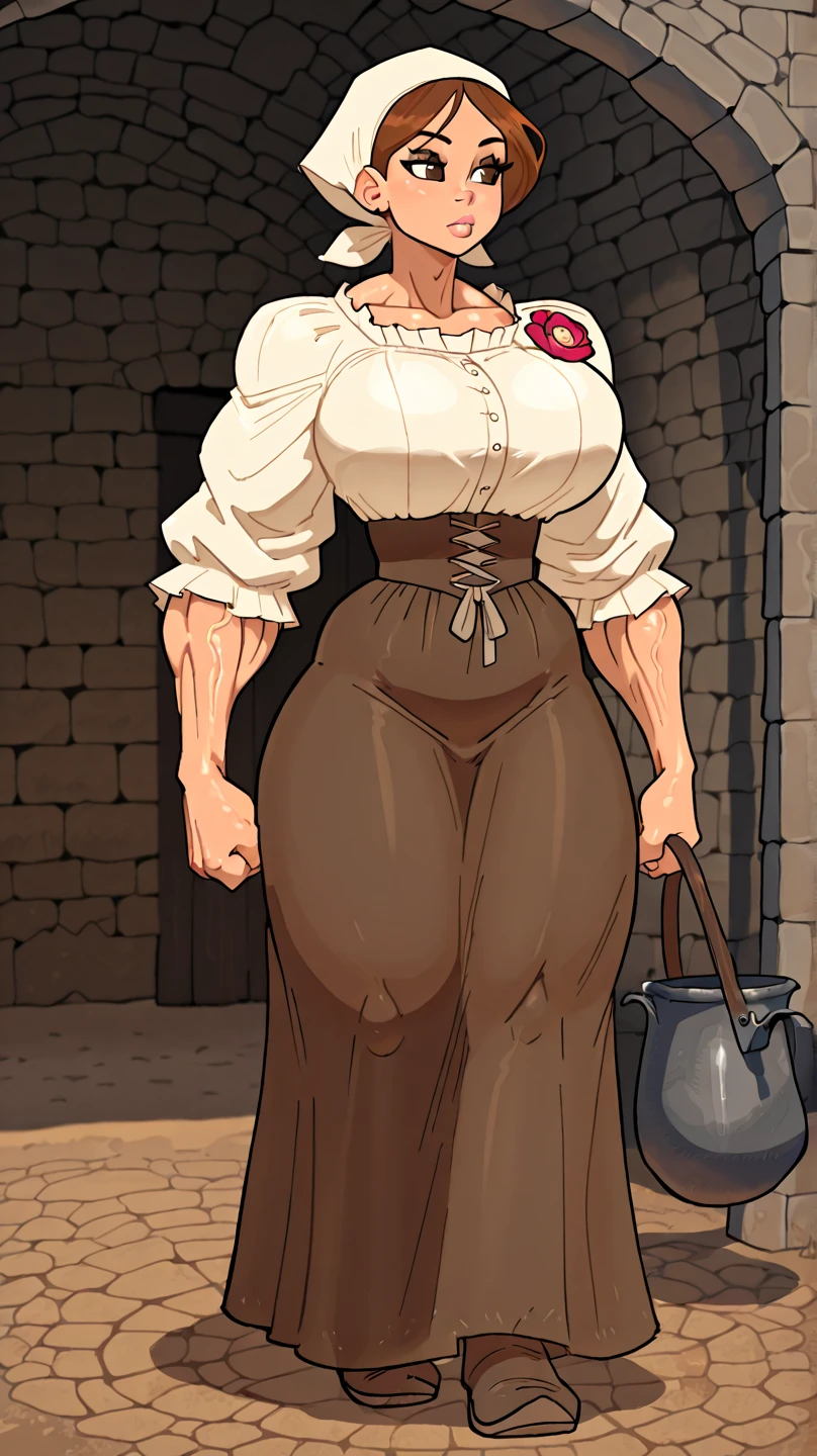 full body, barefoot, solo, female, big breast ,linen tunic, fantasy village, armor, handcuffs on their hands with a collar around the neck, hands on hips, slave ((black choker, shackles on legs and arms))
