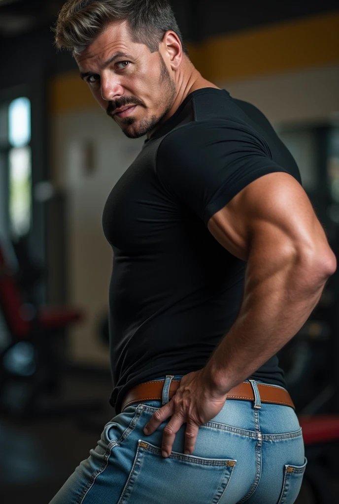 Authentic style，一个强壮的Fitness coach走进房间，Walking posture，Fitness coach，Vest，Looking at the camera，There are chains around the neck，40-year-old Asian man image，Canine，Tiger Teeth，Looking at the camera，Slobber，Place your hands behind your body，beard，Vest，Wet clothes，A kind expression，Kind uncle，A polite greeting，Black short hair，Very short hair，（Fat-encapsulated muscle），Mermaid line，Loose work shorts，Dirty pants，(There is a huge King Oyster Mushroom in my pants)，Leg hair，Thick body hair，Black body hair，Leg hair，cloth shoes，toe，Sexy men，full-body shot，Real person photos，Correct anatomical shape of the limbs，indoor，Full body shot，Fine skin texture，Soft Light，Low contrast images，Highest quality，4k quality，