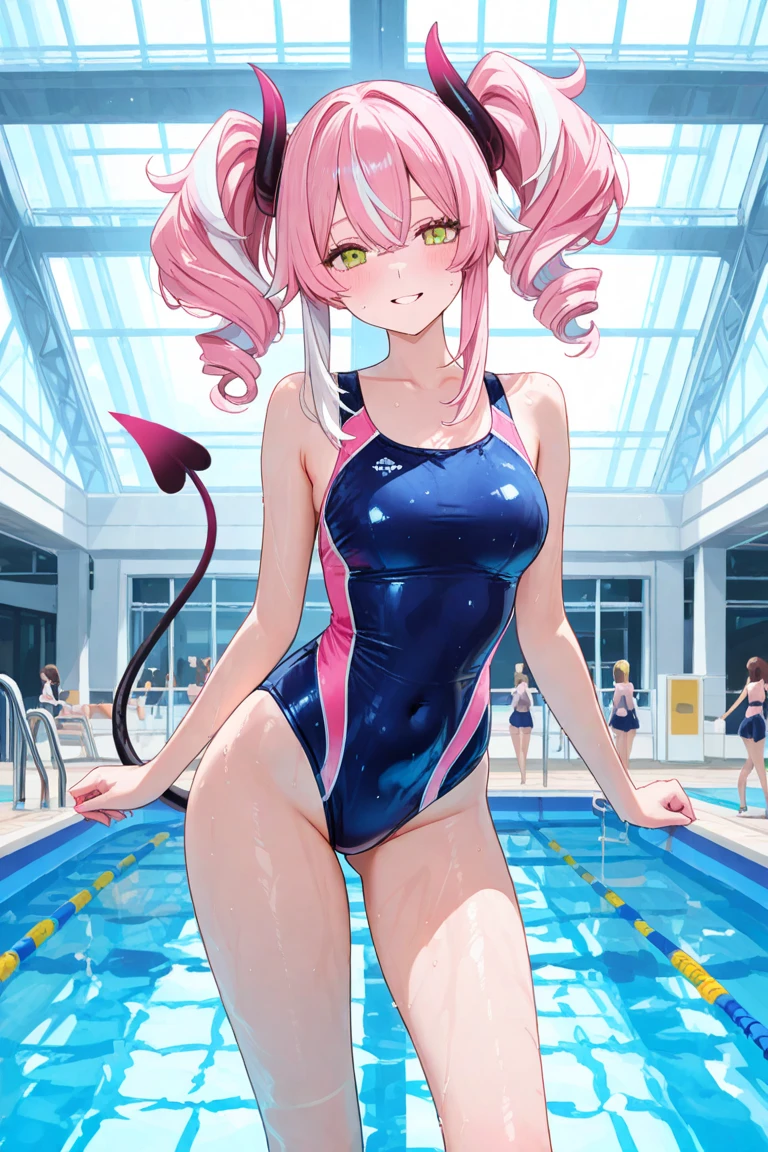 momomodel building week, Deviluke Type, demon tail, Hair Flowers, hair ornaments, (Purple eyes:1.1), Pink Hair, short hair, tail, smile,happy smile, smile, Open your mouth,
break demon tail, green , School Swimsuit,Wet Hair,Wet Skin,barefoot,noon,sunny,
break ourdoors, School　Pool,
break looking at viewer, (Cowboy Shot:1.5),
break (masterpiece:1.2), highest quality, High resolution, unity 8k wallpaper, (shape:0.8), (beautiful detailed eyes:1.6), extremely detailed face, Perfect lighting, extremely detailed CG, (Perfect hands, Perfect Anatomy),