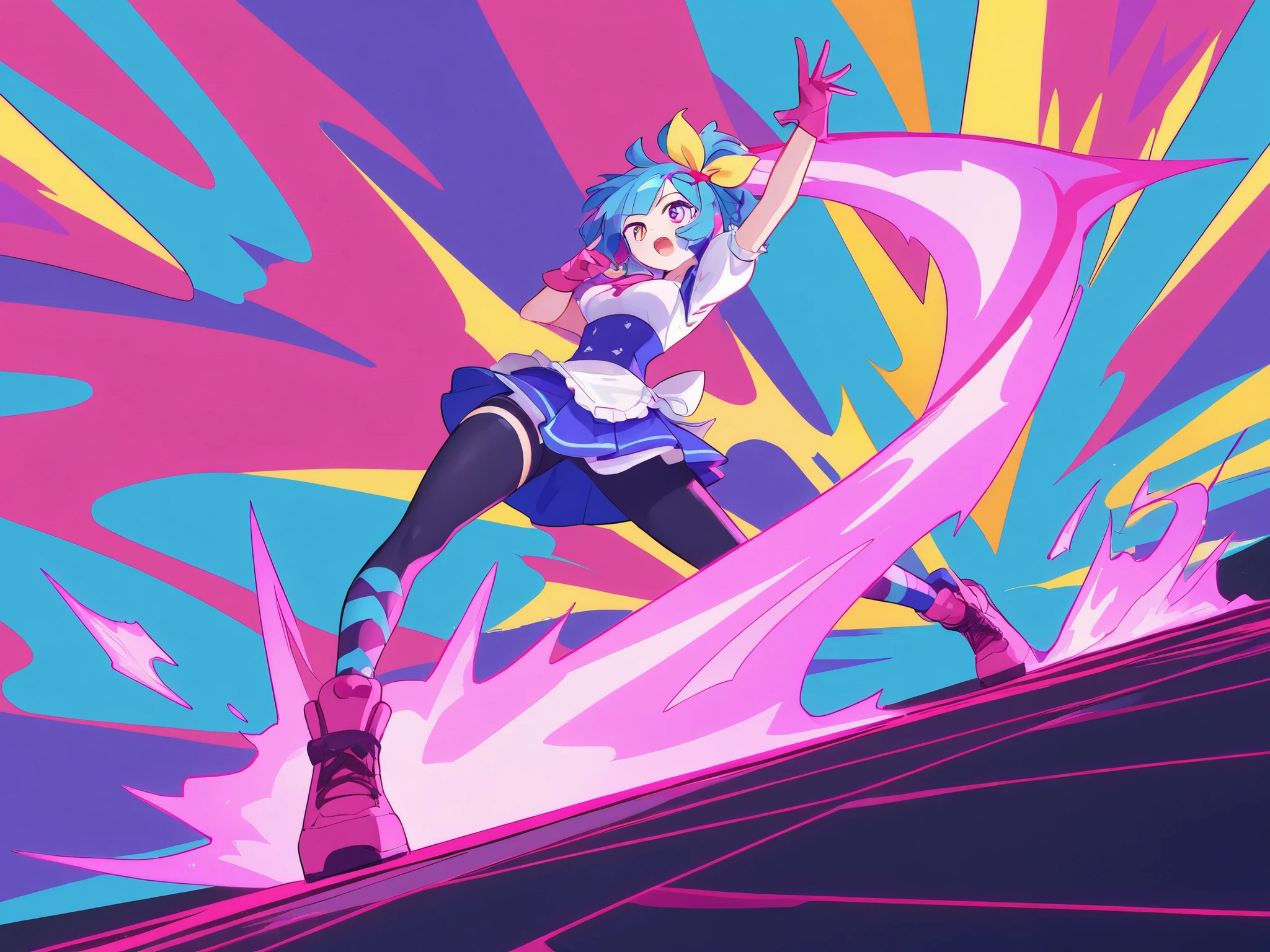 A rockstar brown skin boy dressed as Hatsune Miku screaming on the microphone in Hyperpop art style, Hyperpop art, boy, with brown skin, pastel colorful hair, and two higponytailsil, dressed as Hatsune Miku, screaming on the microphone.