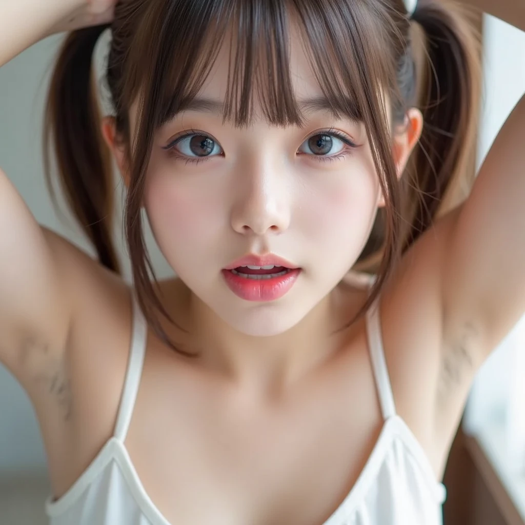 masterpiece, high quality,16k,32K,beautiful,get used to it,exquisite,extremely get used to it, finely get used to it, high quality, insanely get used to it, ultra get used to it, ultra high resolution, high quality, beautiful face, Japanese, NSFW,1girl, extremely cute face, (highly detailed eyes, highly detailed face), (hyper-realistic, hight resolution), (best Quality:1.4), Raw photo, (Realistic, Photorealsitic:1.37), Professional Photography, Cinematic Light, (open_mouth:1.5),,high detail skin,,shiny skin, goosebumps,16 yo, (small breasts,twintails,nsfw, breast squeeze,Blushing:1.6)
