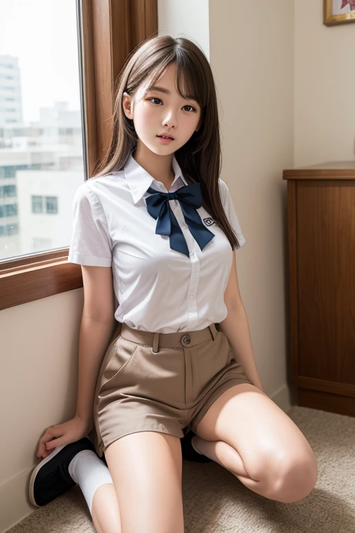 highest quality, masterpiece, High definition, 16k image, beautiful , Medium Bob Hair,明るい茶色のbeautiful髪, 明るい茶色のbeautiful目, (Plump and large breasts), High , Narrow waist, Short sleeve white blouse, Pleated skirt, High school girl sitting by the window in a cafe, blush, Beyond the Window, The rain falls quietly, 街の明かりがbeautiful景色を創り出す、((Sexy panties in full view:1.0))、((Spread your legs wide:1.5))
