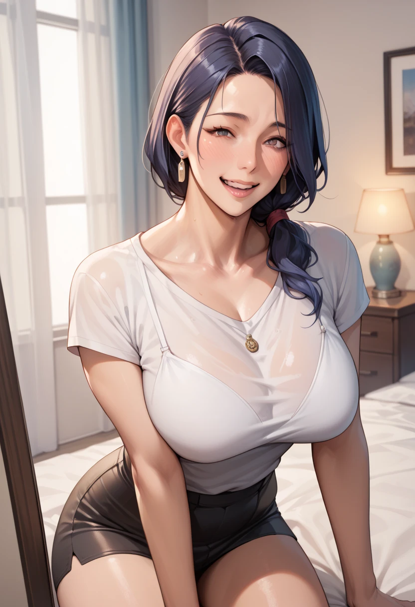 realisticlying、45-year-old girl、T-shirt wearing，Face enhancement，Chest super large zoom，Cleavage emphasis，Looking up from the bottom，Smile，Blushing，Red lips，A sexy，Bed sit