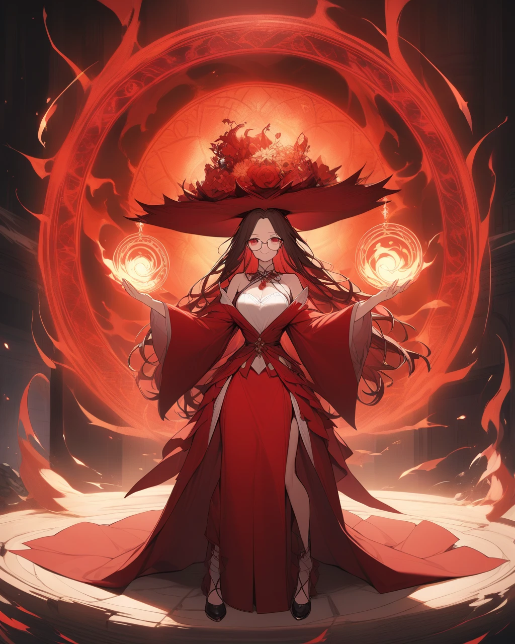 A woman wearing a traditional red witch's robe with gold details, large breasts, red heels, traditional red witch's hat with gold details, holding a staff with a yellow crystal with fire, black hair, long hair, hair down to her legs, in standing, posture, exposed shoulders, mature body, evil smile, in battle stance casting fire magic, with fire sphere in an open field, sadistic smile, smiling, red eyes, perfect face, UHD, prime work, accurate, anatomically correct, textured skin, super details, high quality, best quality, 8k, high resolution, bokeh effect. (woman alone)
